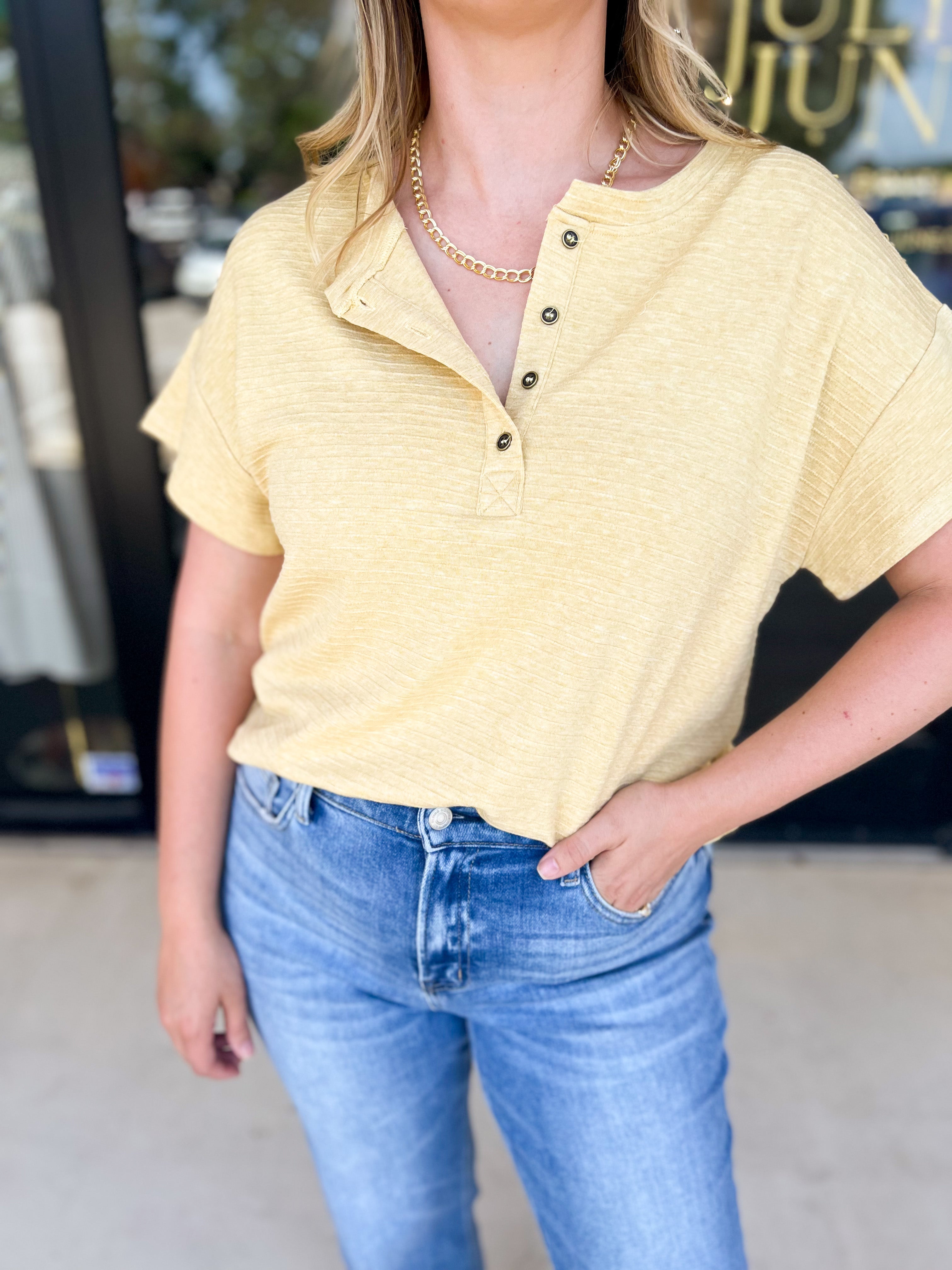 Casual Henley Tees - Butter-210 Casual Blouses-POLOGRAM-July & June Women's Fashion Boutique Located in San Antonio, Texas