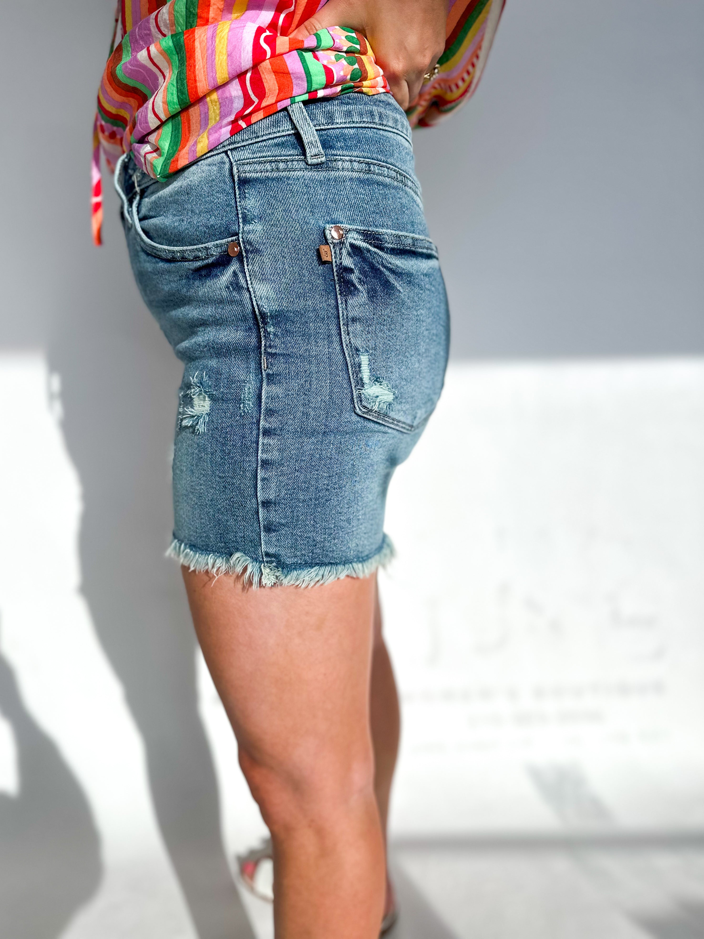 Judy Blue High Rise Light Wash Button Fly Shorts-410 Shorts/Skirts-JUDY BLUE-July & June Women's Fashion Boutique Located in San Antonio, Texas