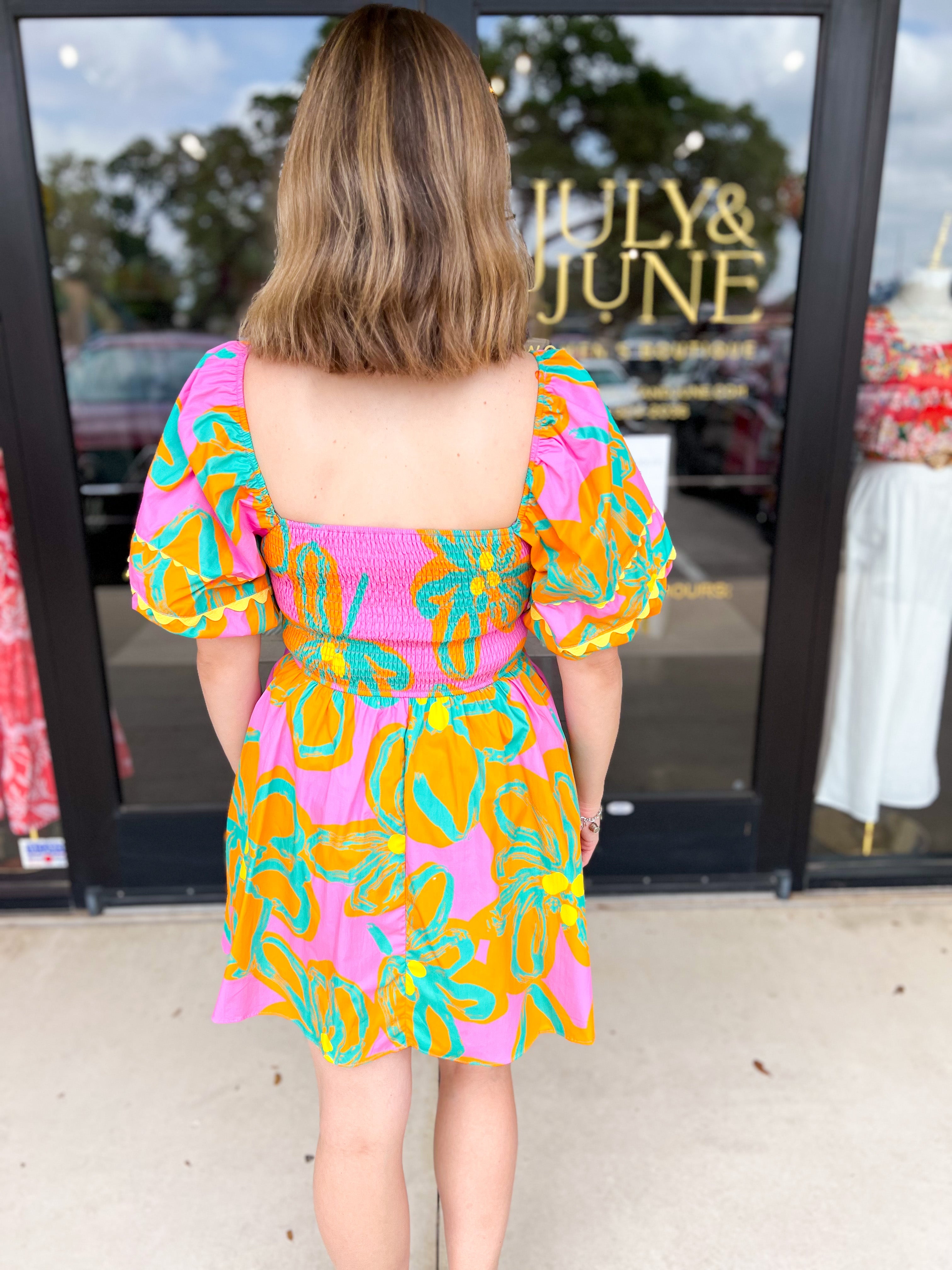 Bold Print Pink & Orange Mini Dress-510 Mini-PEACH LOVE-July & June Women's Fashion Boutique Located in San Antonio, Texas