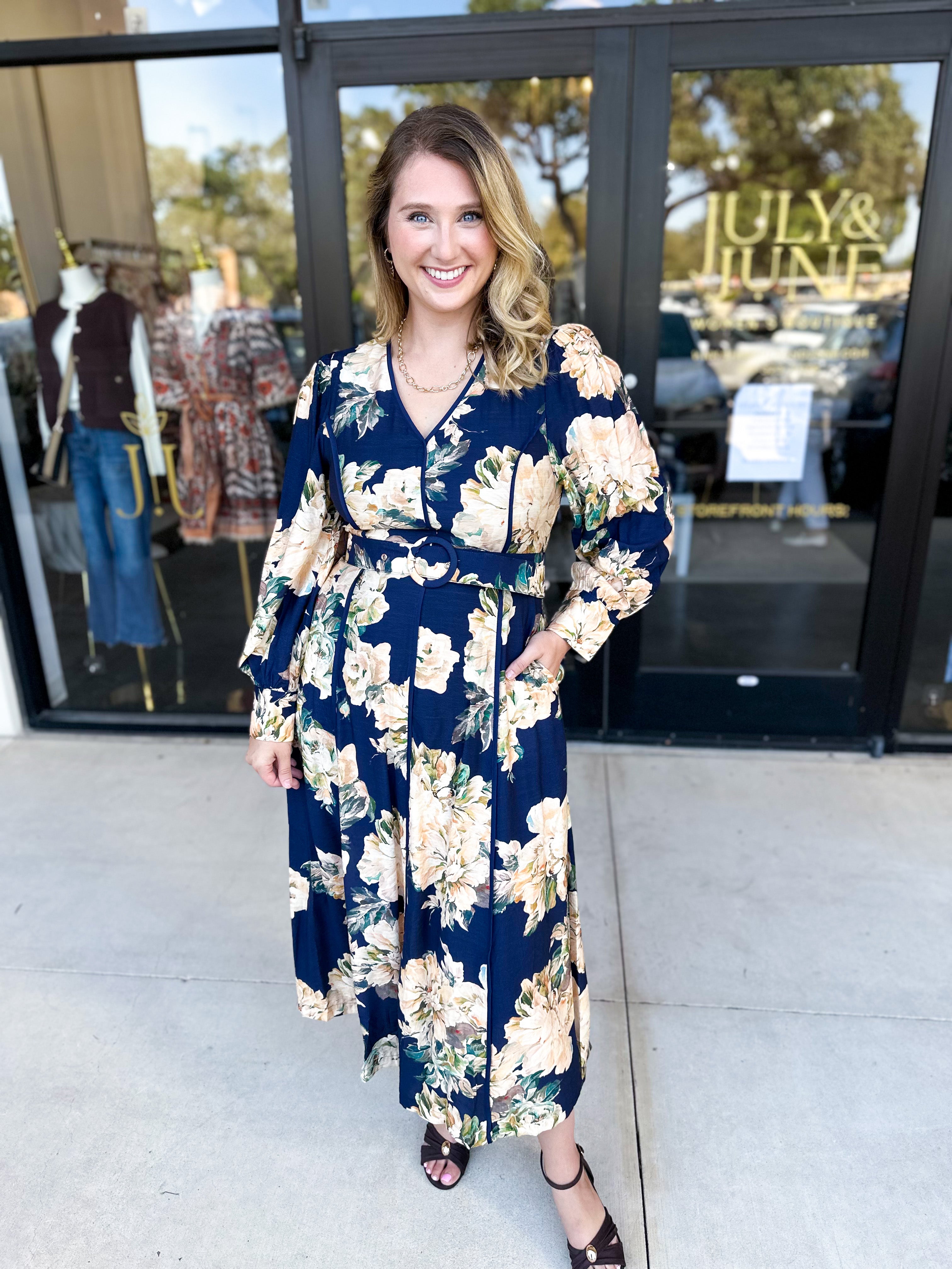 Fall Meadows Midi Dress - Midnight Blue-500 Midi-ENTRO-July & June Women's Fashion Boutique Located in San Antonio, Texas