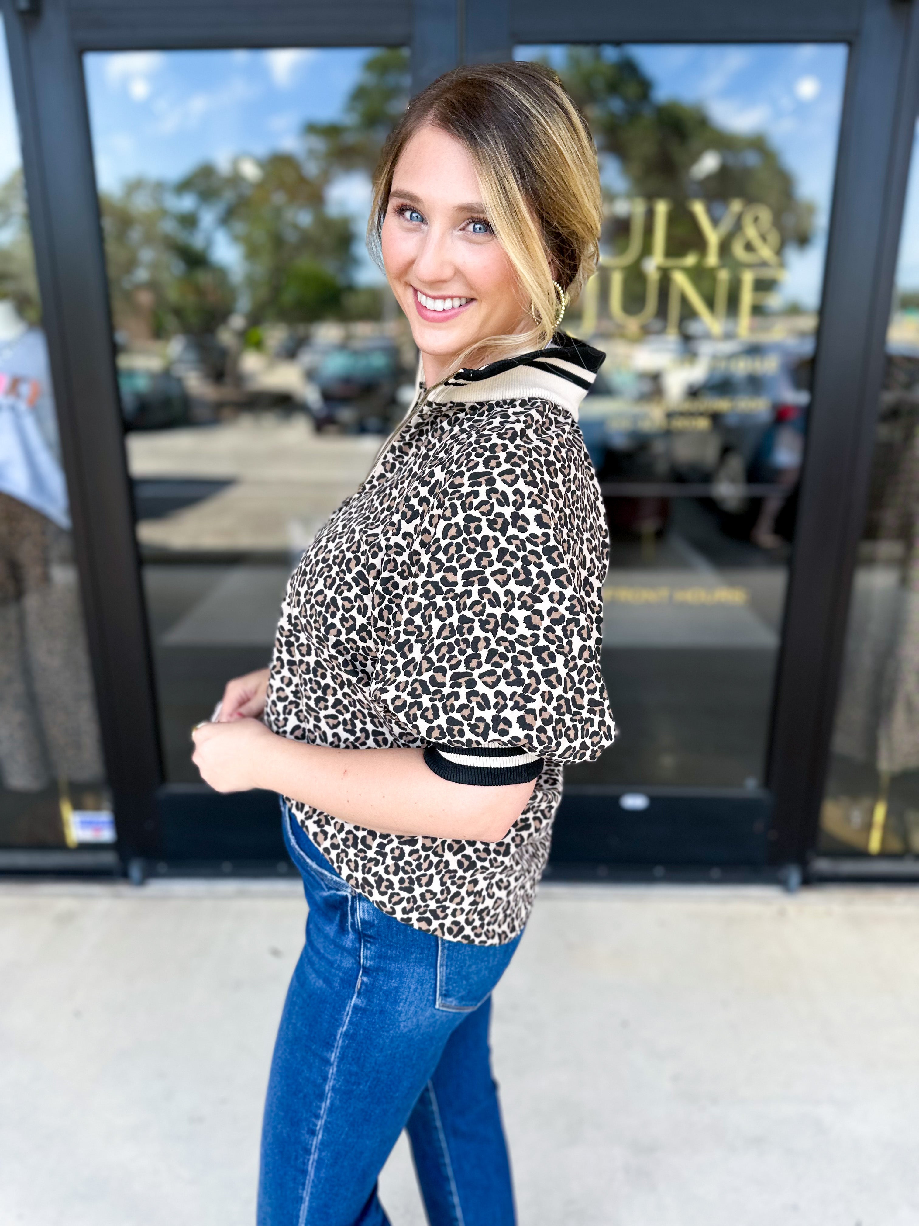 Zip Up Cheetah Top-200 Fashion Blouses-ENTRO-July & June Women's Fashion Boutique Located in San Antonio, Texas