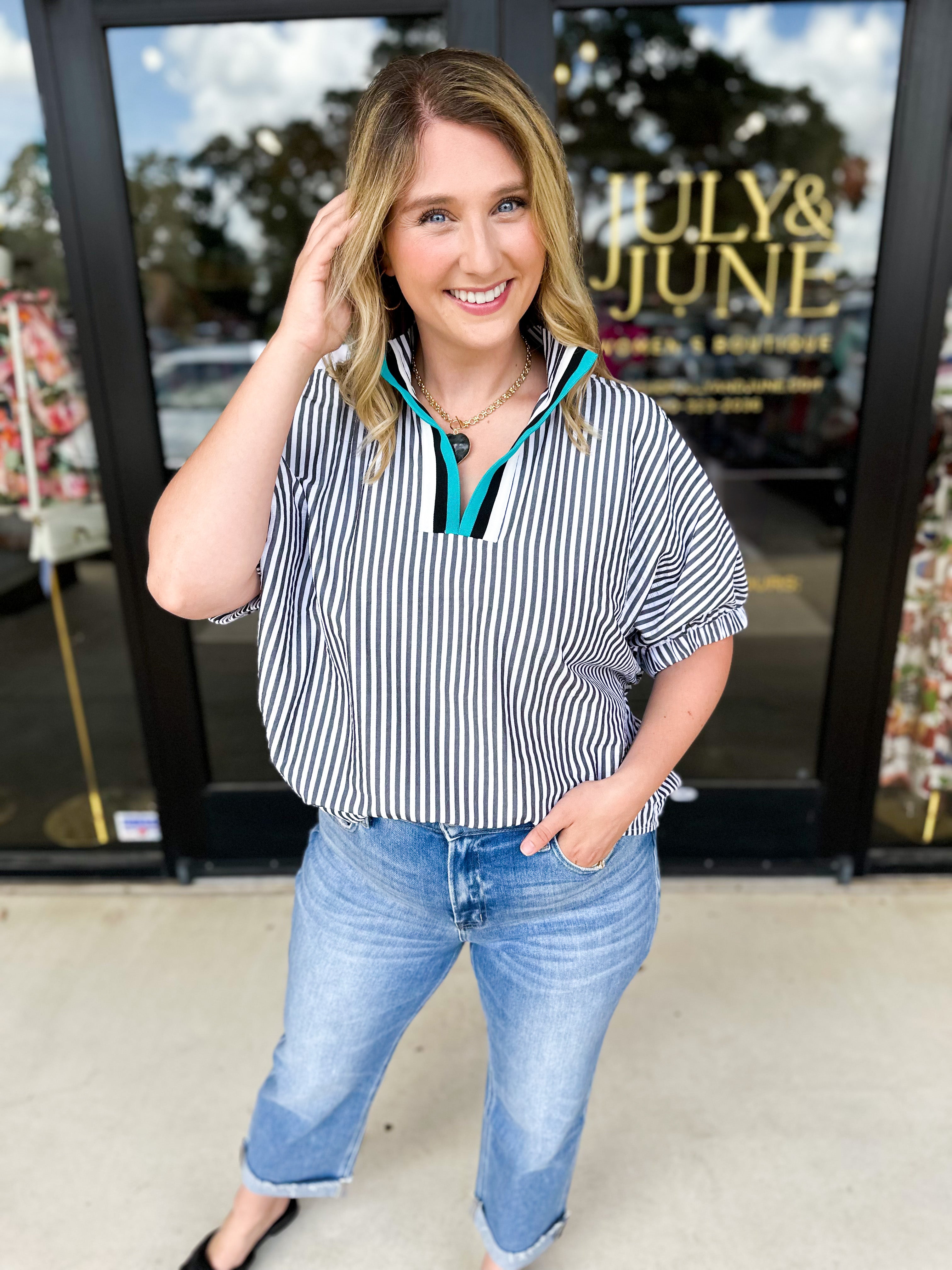 Fall Varsity Stripe Blouse - Black-200 Fashion Blouses-ENTRO-July & June Women's Fashion Boutique Located in San Antonio, Texas