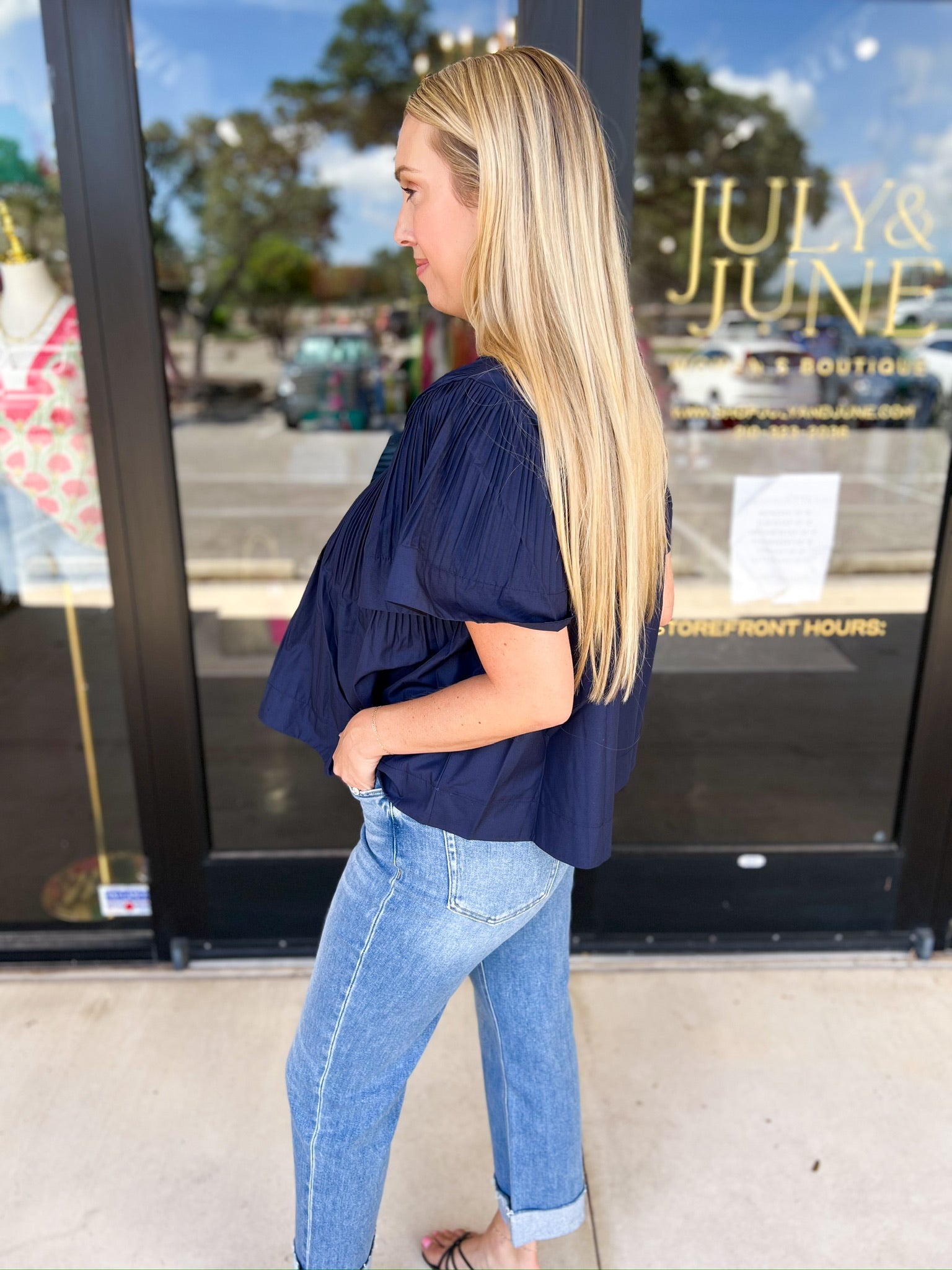 Navy Flutter Blouse-200 Fashion Blouses-PINCH-July & June Women's Fashion Boutique Located in San Antonio, Texas
