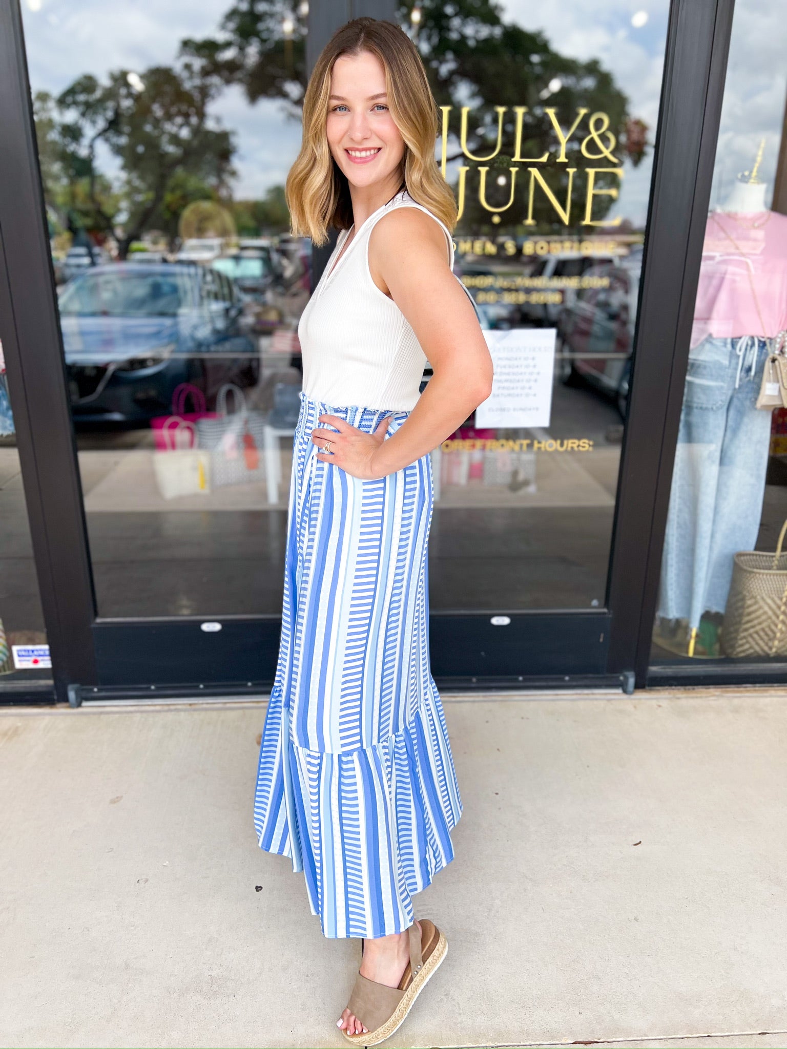 Mary Square - Blue Skylar Midi Skirt-410 Shorts/Skirts-MARY SQUARE-July & June Women's Fashion Boutique Located in San Antonio, Texas