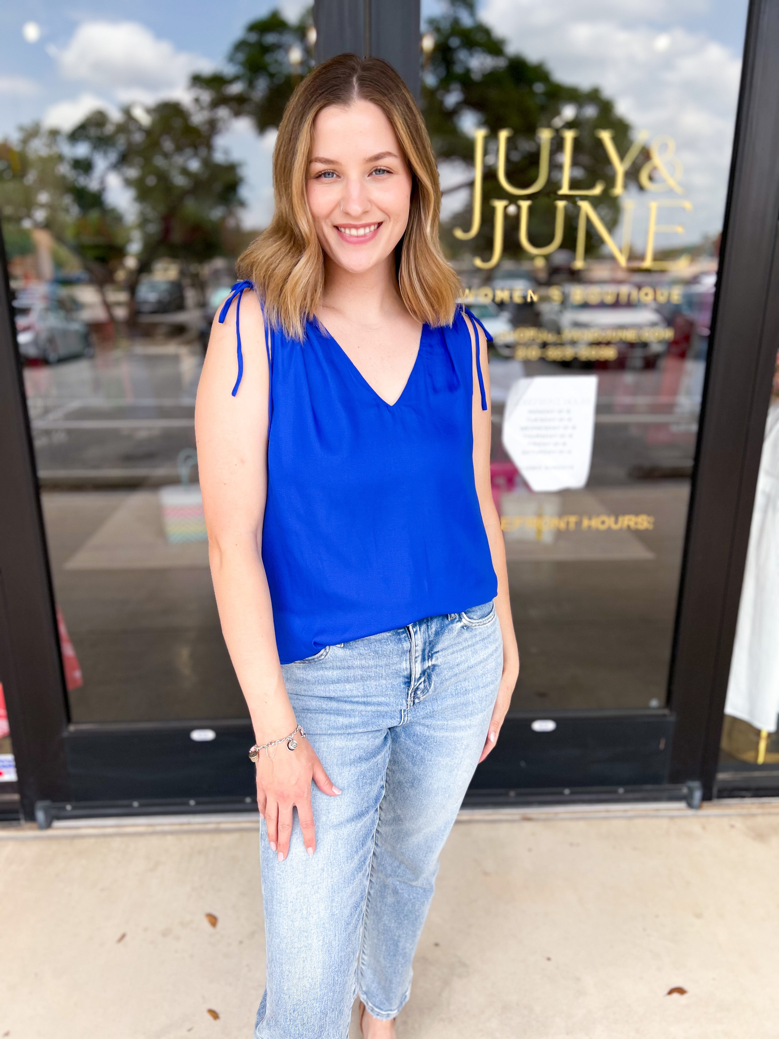 Elevated Shoulder Tie Tank- Cobalt Blue-200 Fashion Blouses-SKIES ARE BLUE-July & June Women's Fashion Boutique Located in San Antonio, Texas