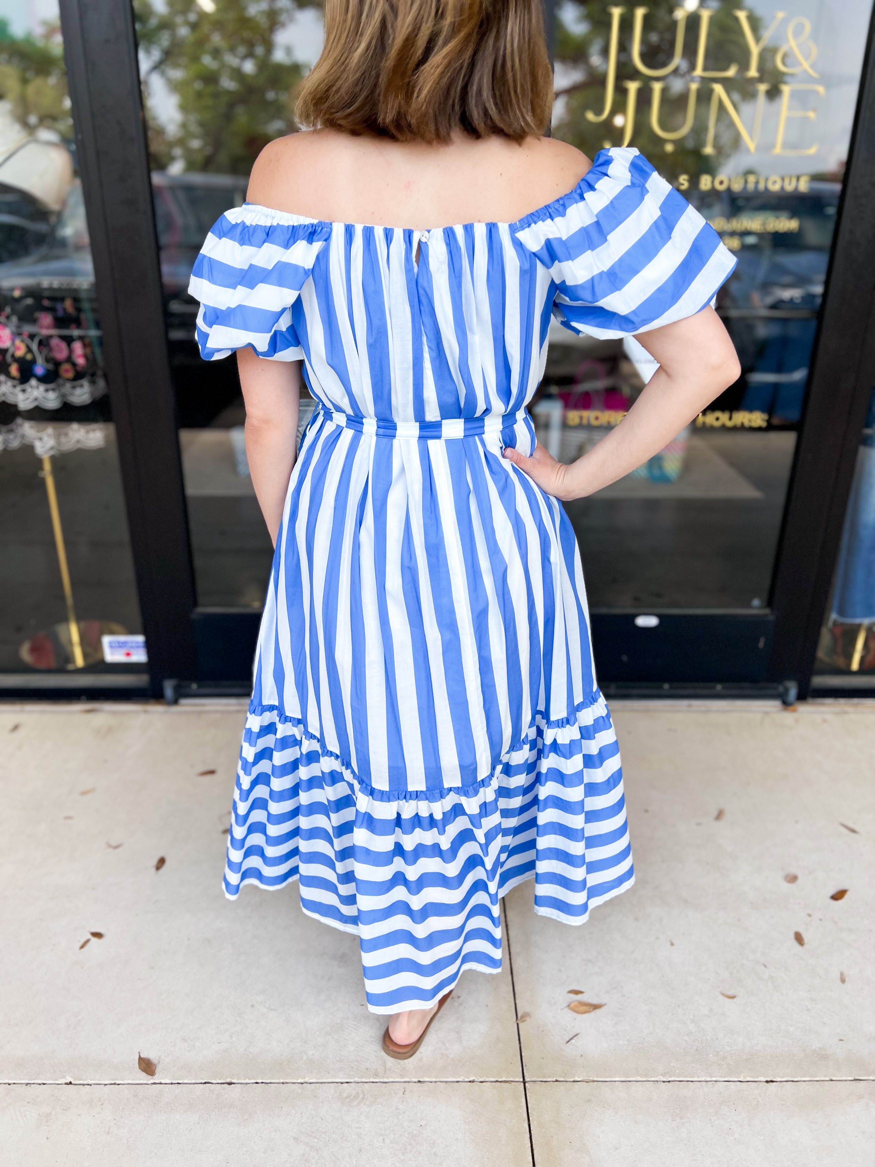 Beauty In Blue Stripes Midi Dress-500 Midi-PINCH-July & June Women's Fashion Boutique Located in San Antonio, Texas