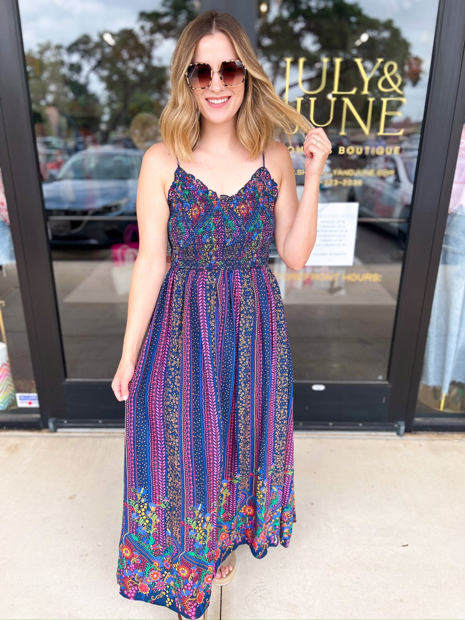 The Rowen Smocked Midi Dress-500 Midi-FATE-July & June Women's Fashion Boutique Located in San Antonio, Texas