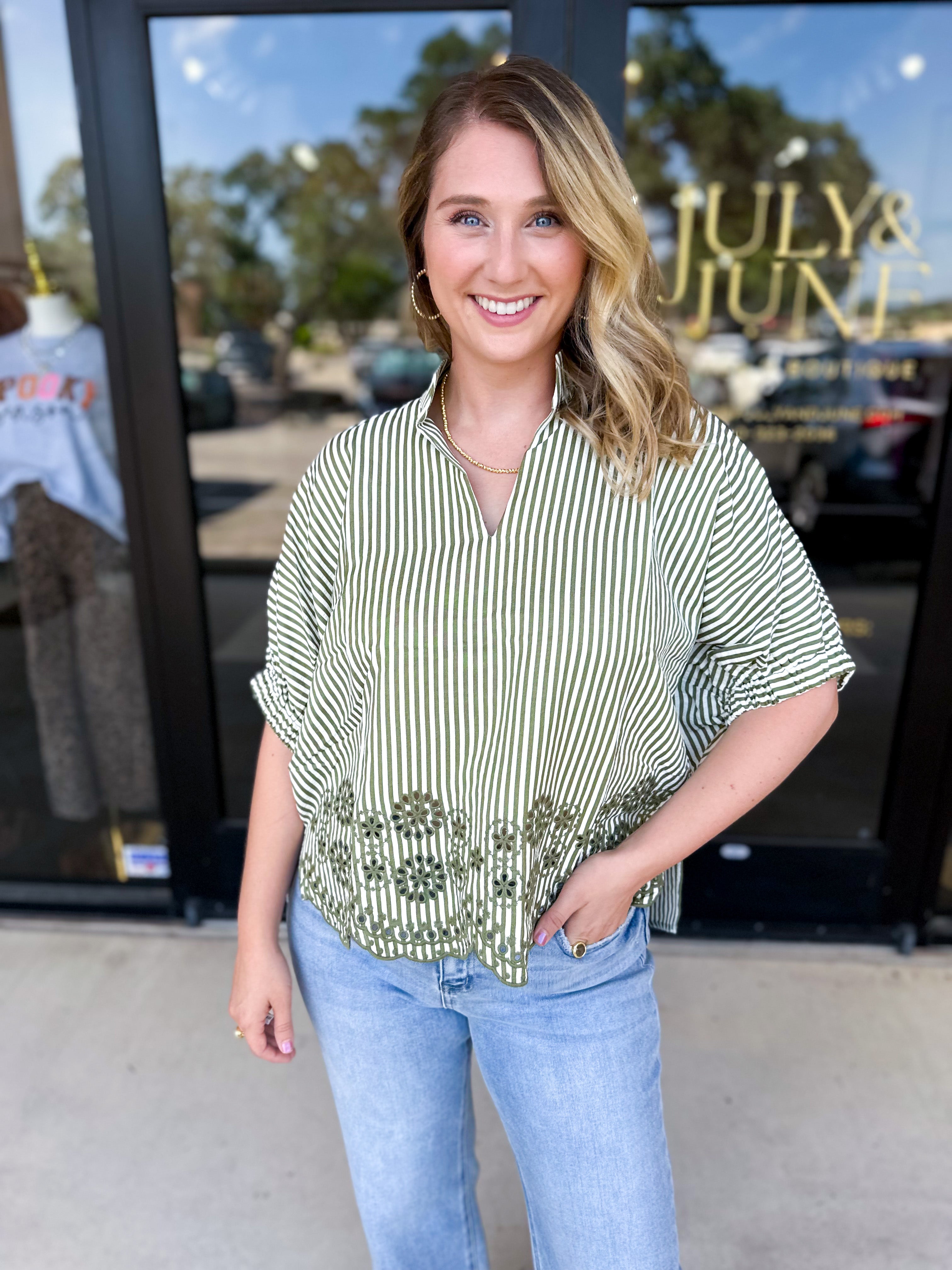 Floral Crochet Oversized Blouse - Olive-200 Fashion Blouses-ENTRO-July & June Women's Fashion Boutique Located in San Antonio, Texas