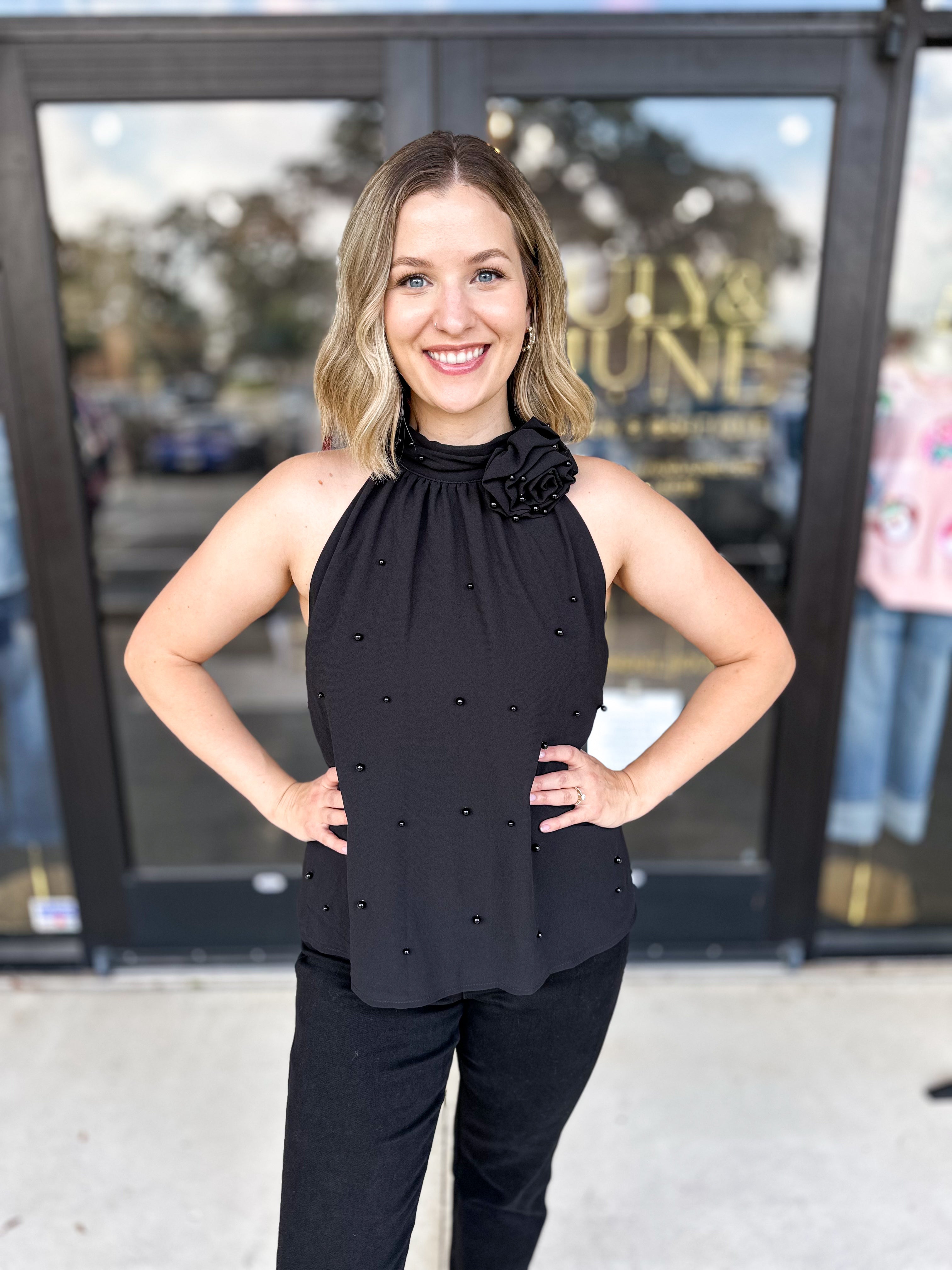 Black Rose Halter Tank-200 Fashion Blouses-FATE-July & June Women's Fashion Boutique Located in San Antonio, Texas