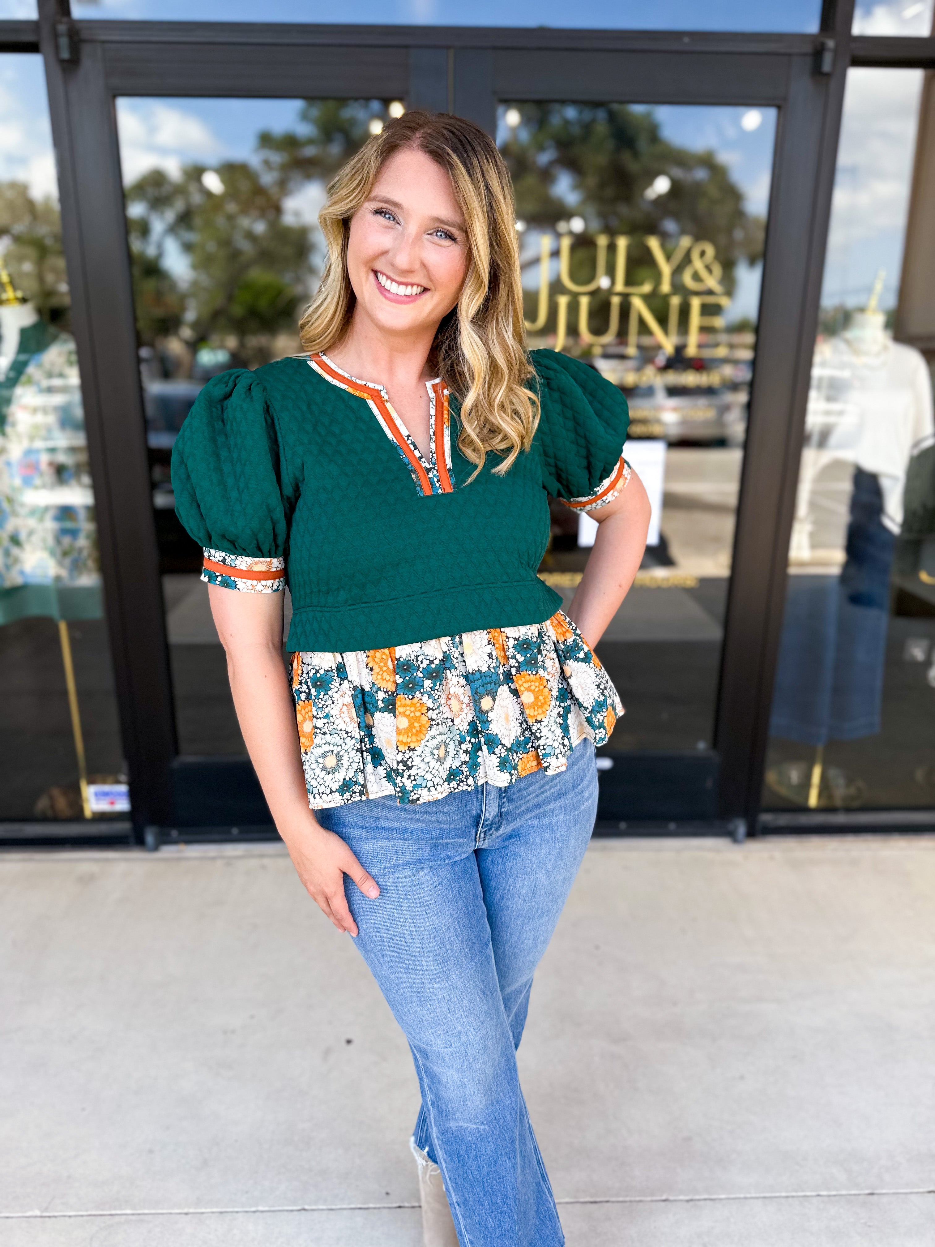 Green Harvest Blouse-200 Fashion Blouses-ENTRO-July & June Women's Fashion Boutique Located in San Antonio, Texas