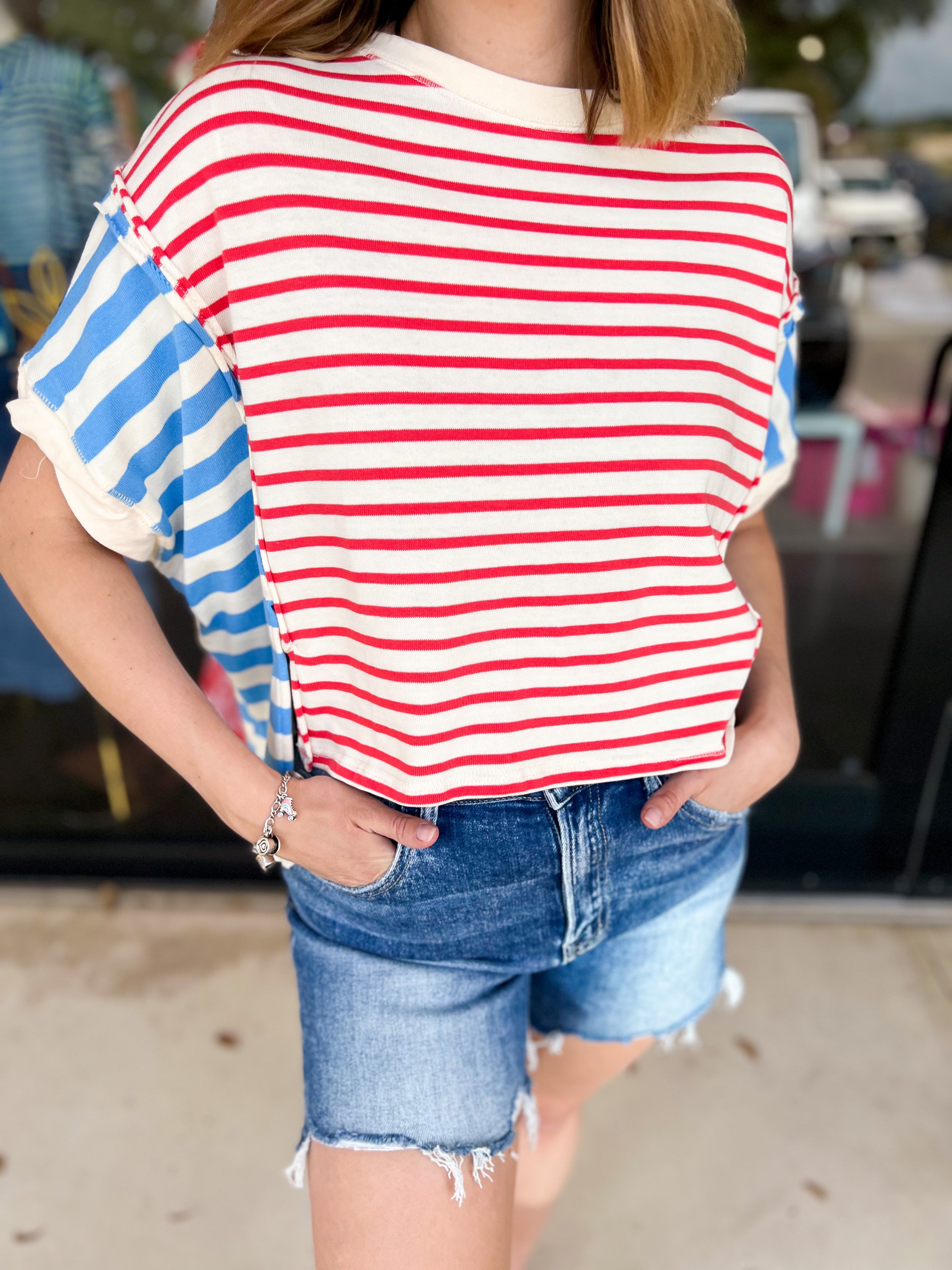 Blue & Red Colorblock Tee-210 Casual Blouses-PEACH LOVE-July & June Women's Fashion Boutique Located in San Antonio, Texas