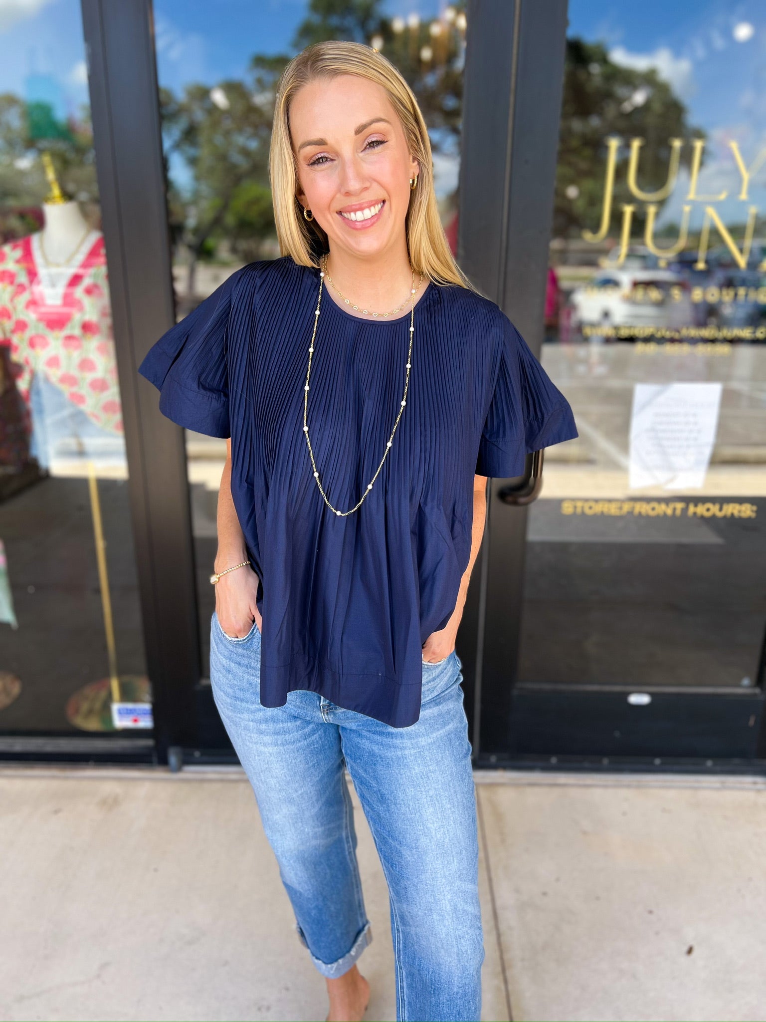 Navy Flutter Blouse-200 Fashion Blouses-PINCH-July & June Women's Fashion Boutique Located in San Antonio, Texas