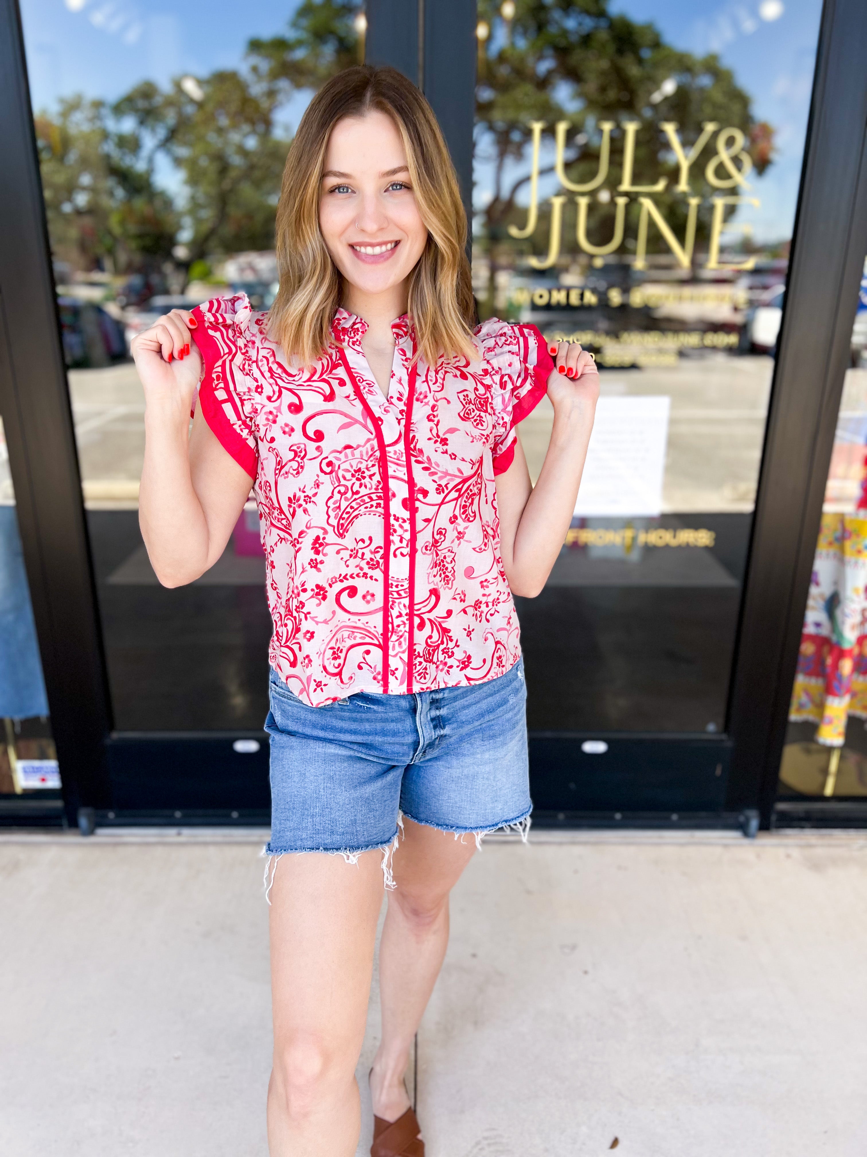 Red & Pink Paisley Blouse-200 Fashion Blouses-PINCH-July & June Women's Fashion Boutique Located in San Antonio, Texas