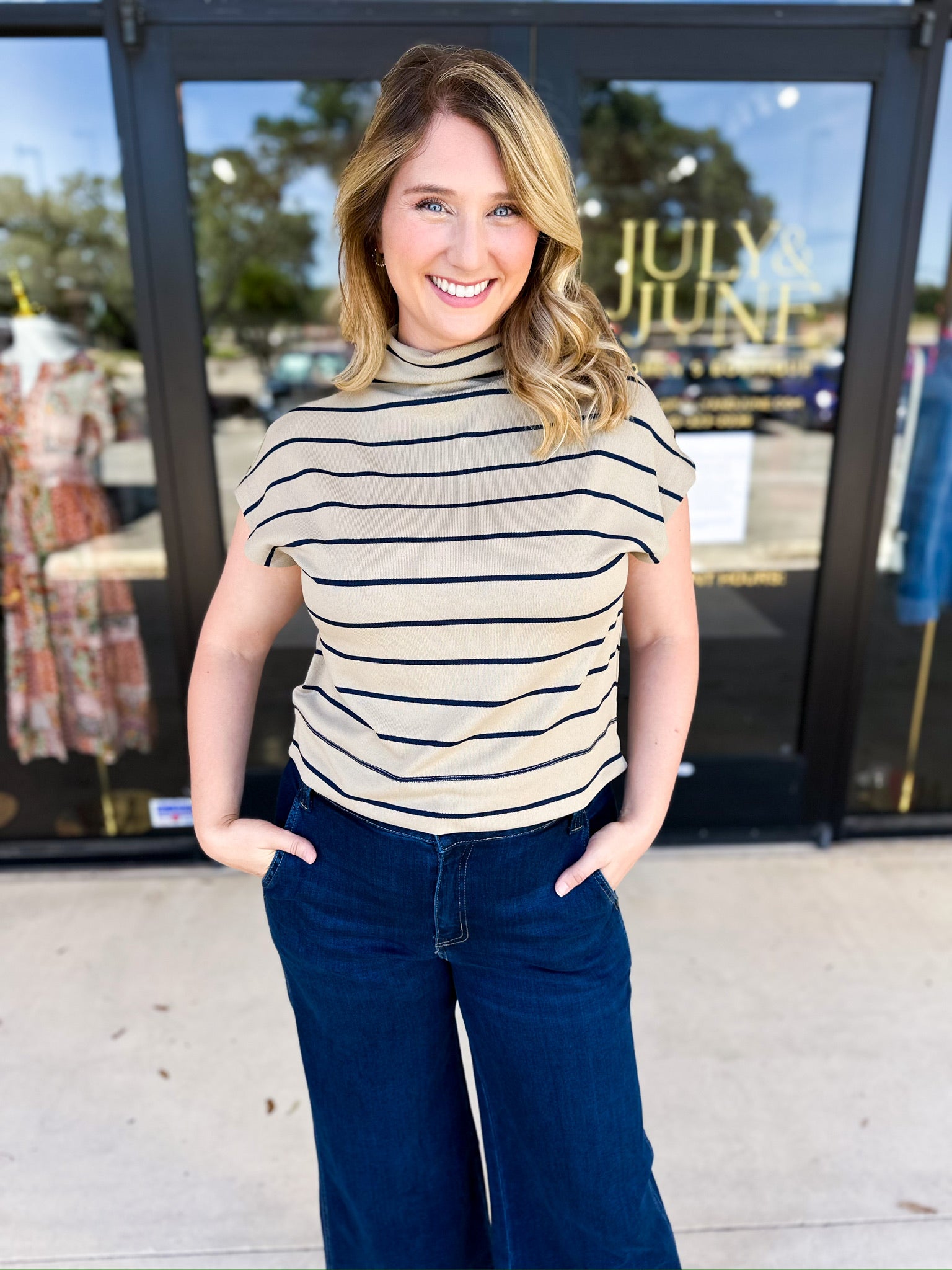 Oatmeal Stripe Comfy Tee-210 Casual Blouses-ENTRO-July & June Women's Fashion Boutique Located in San Antonio, Texas
