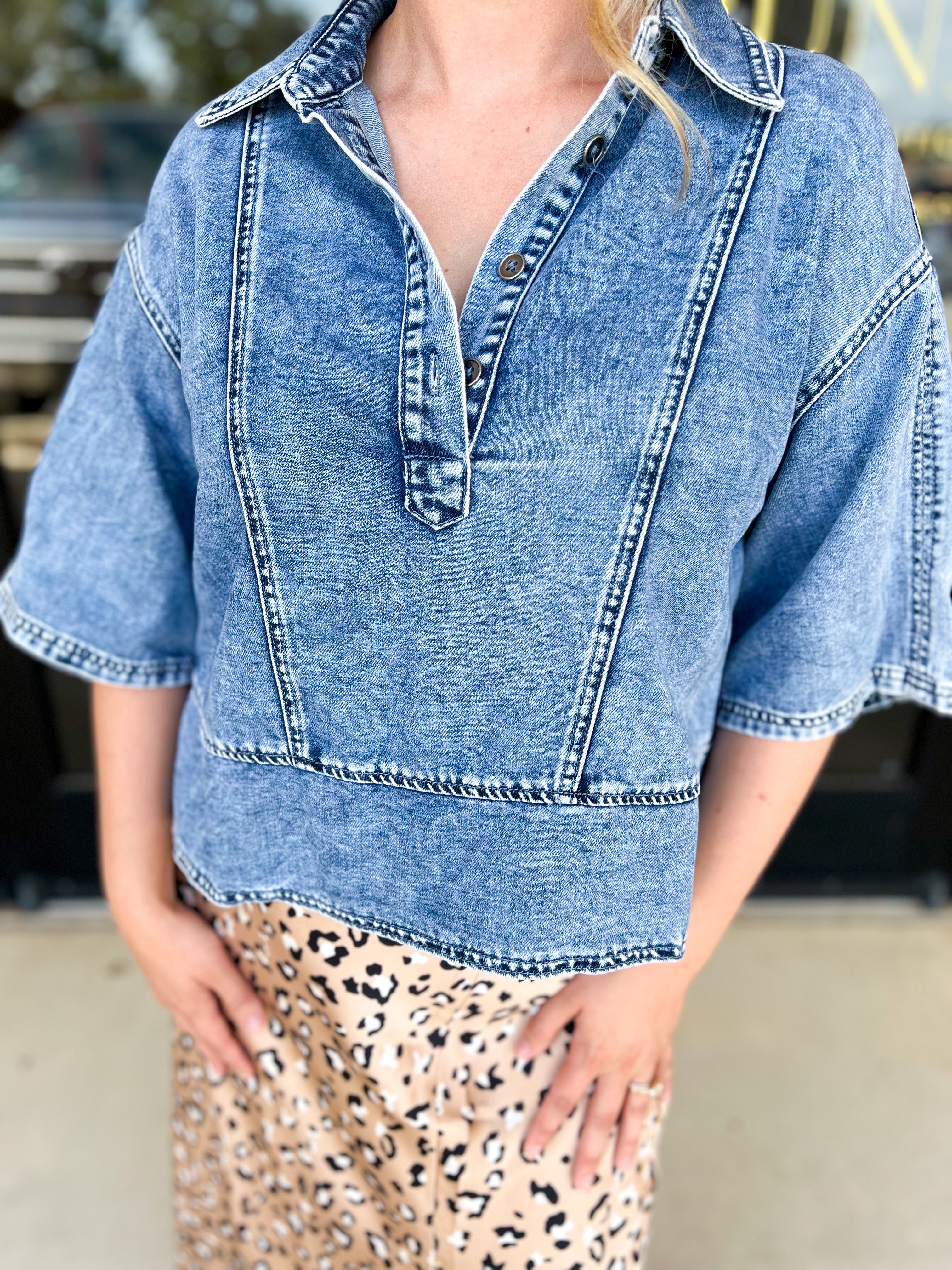Denim Details Blouse-200 Fashion Blouses-LISTICLE-July & June Women's Fashion Boutique Located in San Antonio, Texas