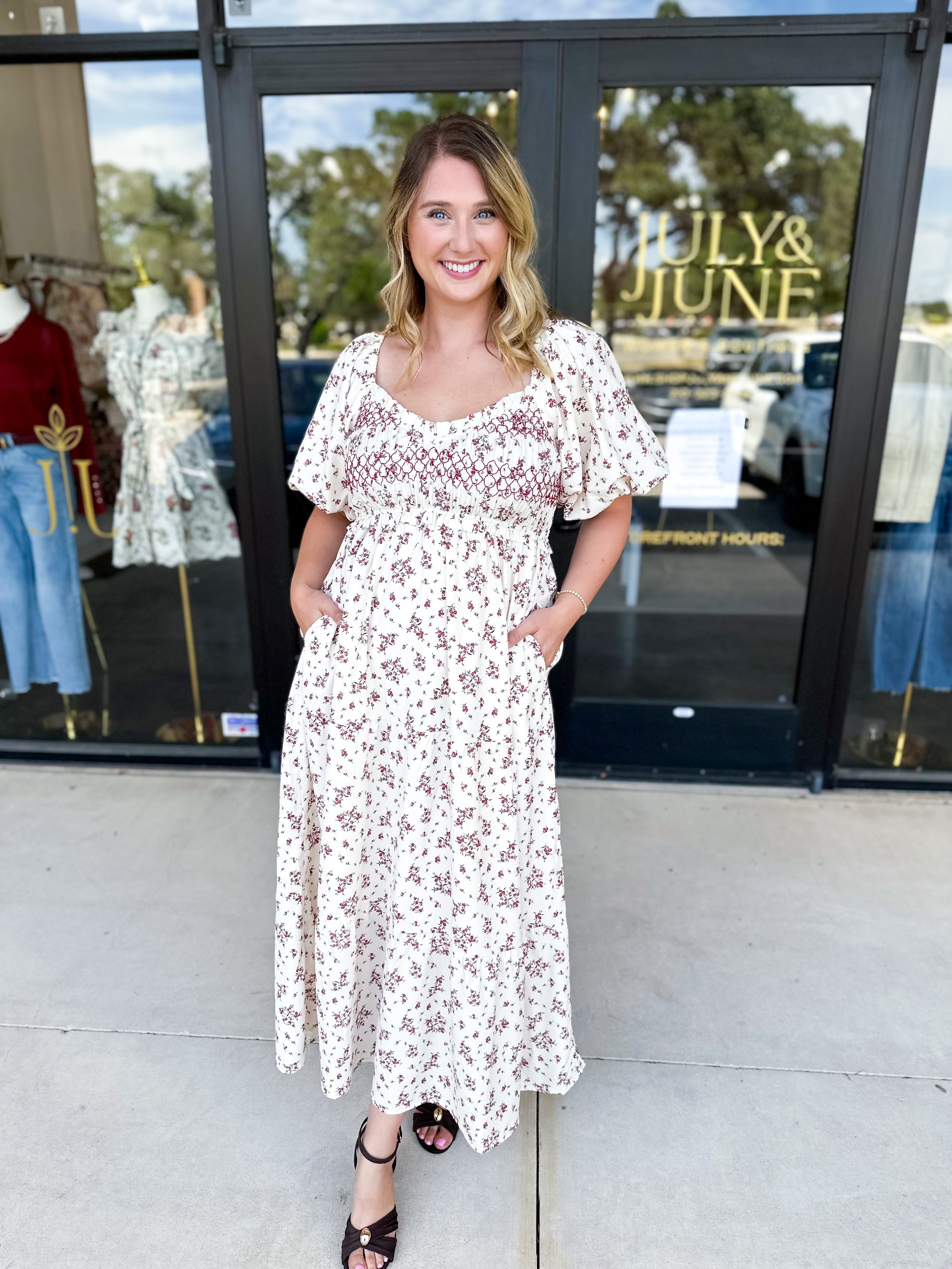 Burgundy Vintage Floral Midi Dress-500 Midi-POLOGRAM-July & June Women's Fashion Boutique Located in San Antonio, Texas