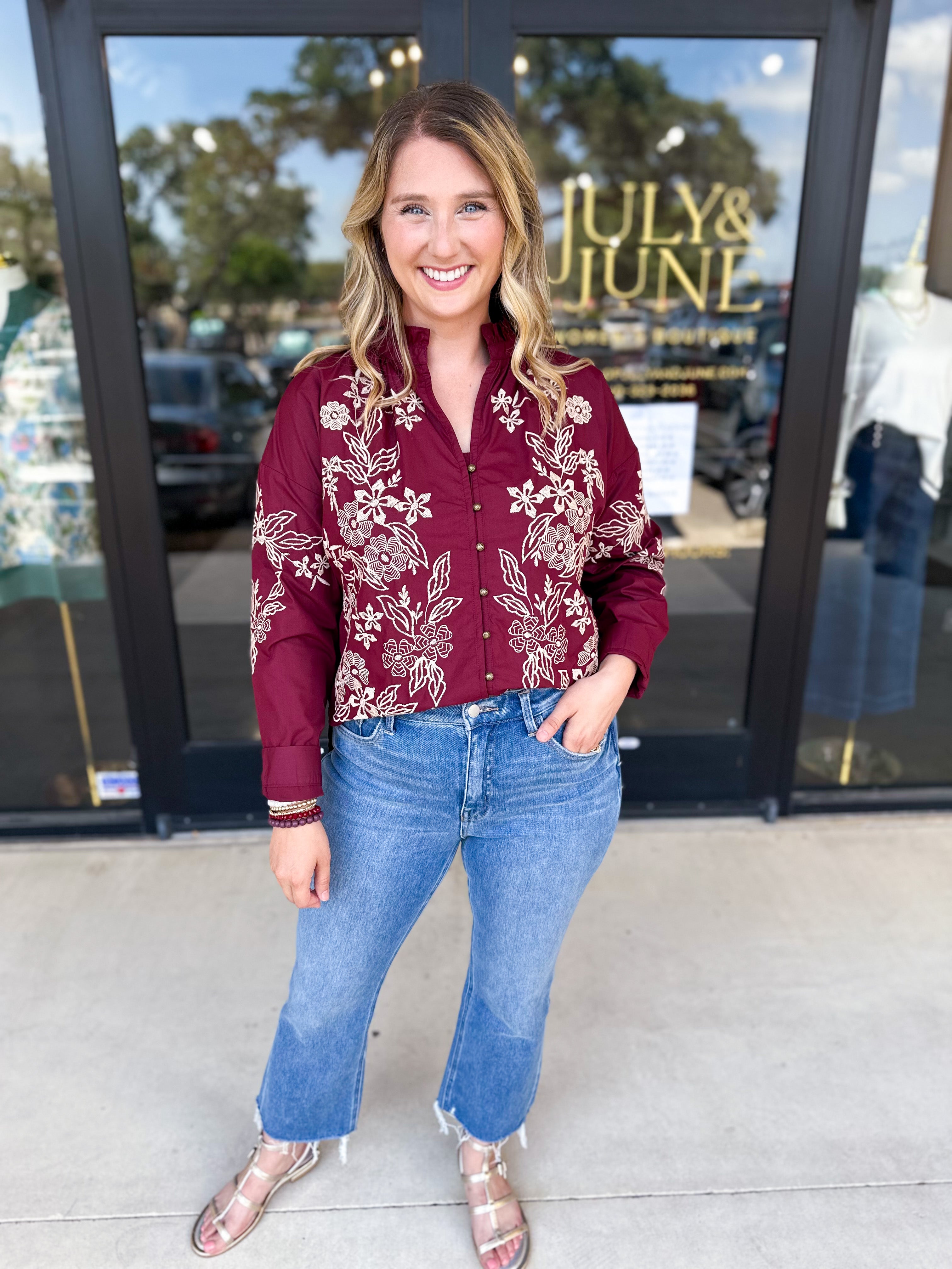 Elara Embroidered Blouse - Burgundy-200 Fashion Blouses-ENTRO-July & June Women's Fashion Boutique Located in San Antonio, Texas