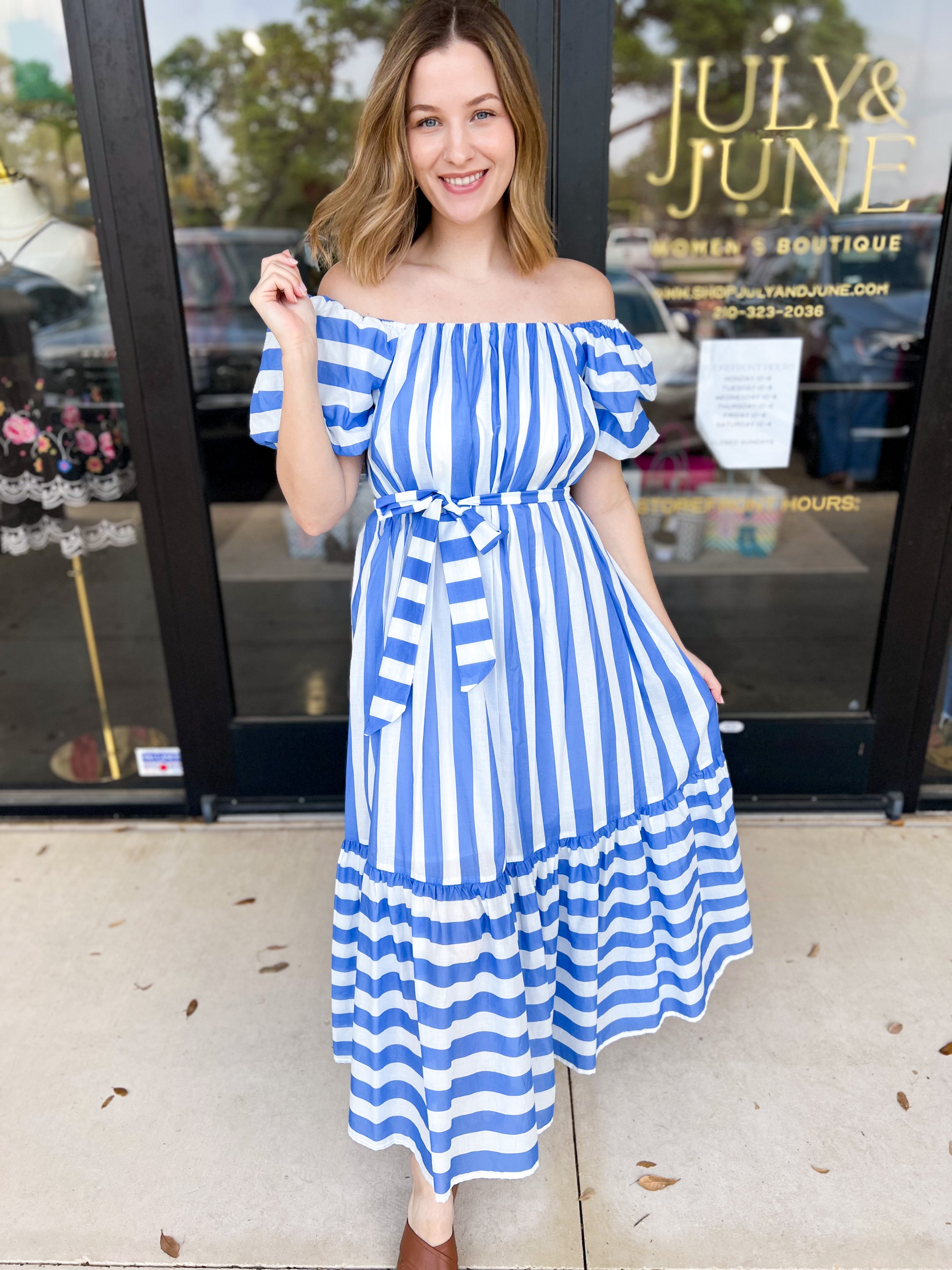 Beauty In Blue Stripes Midi Dress-500 Midi-PINCH-July & June Women's Fashion Boutique Located in San Antonio, Texas