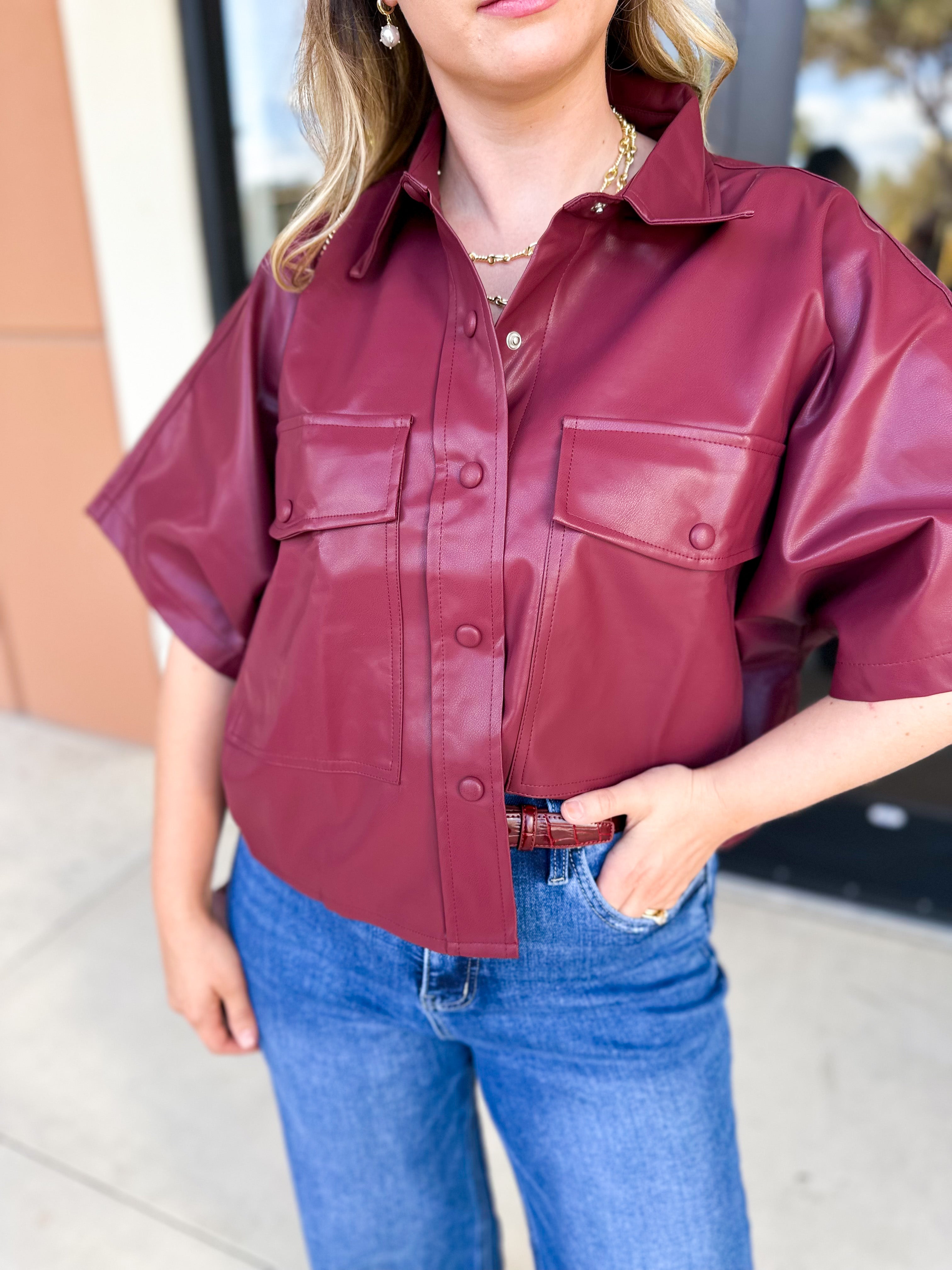 Utility Shirt Jacket - Wine-200 Fashion Blouses-GLAM-July & June Women's Fashion Boutique Located in San Antonio, Texas