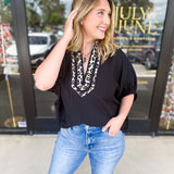 Varsity Cheetah Detail Blouse - Black-200 Fashion Blouses-ENTRO-July & June Women's Fashion Boutique Located in San Antonio, Texas