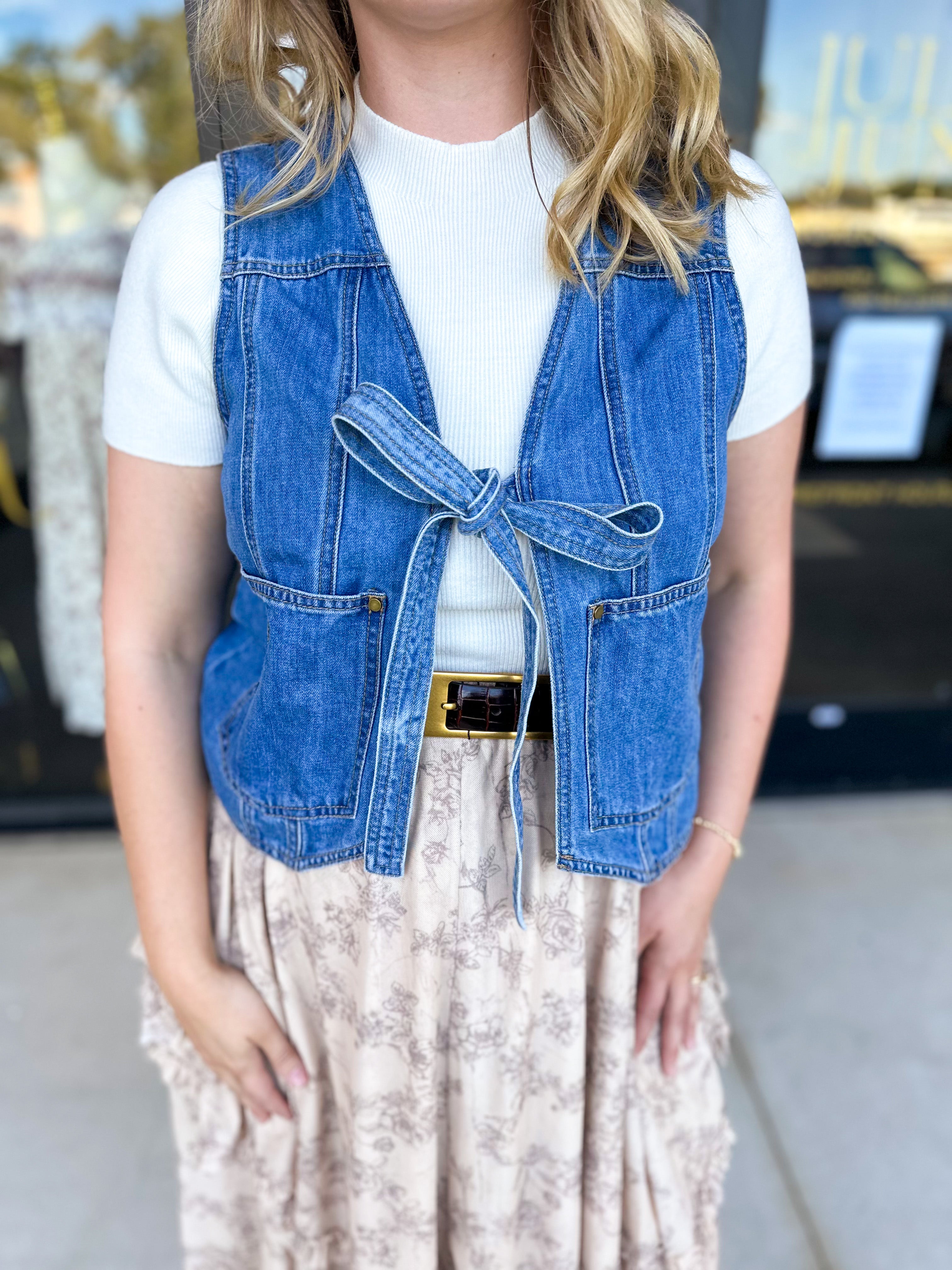Front Tie Denim Vest-600 Outerwear-LISTICLE-July & June Women's Fashion Boutique Located in San Antonio, Texas