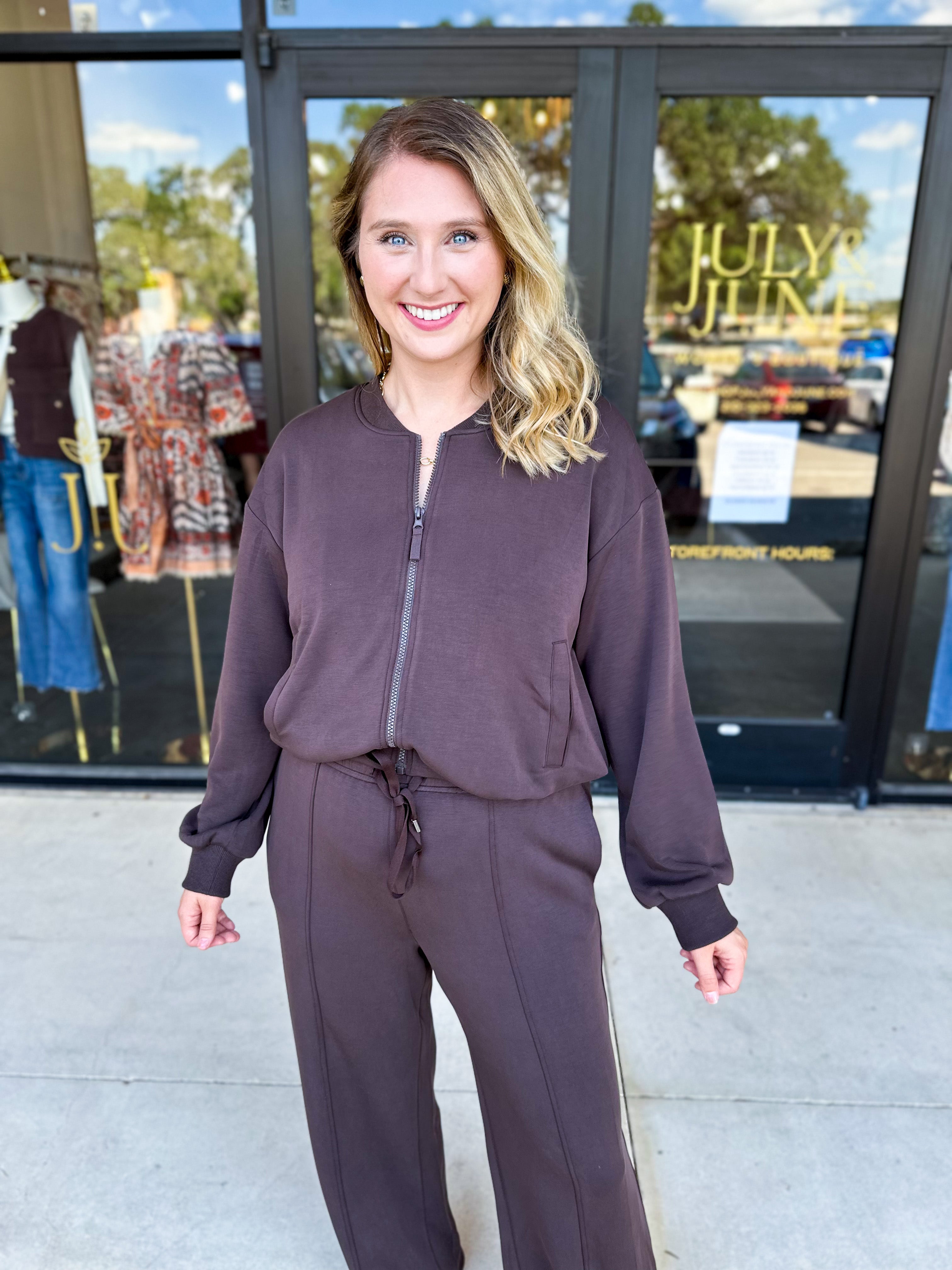 Soft Modal Bomber Jacket - Chocolate-300 Athleisure/Lounge-SKIES ARE BLUE-July & June Women's Fashion Boutique Located in San Antonio, Texas