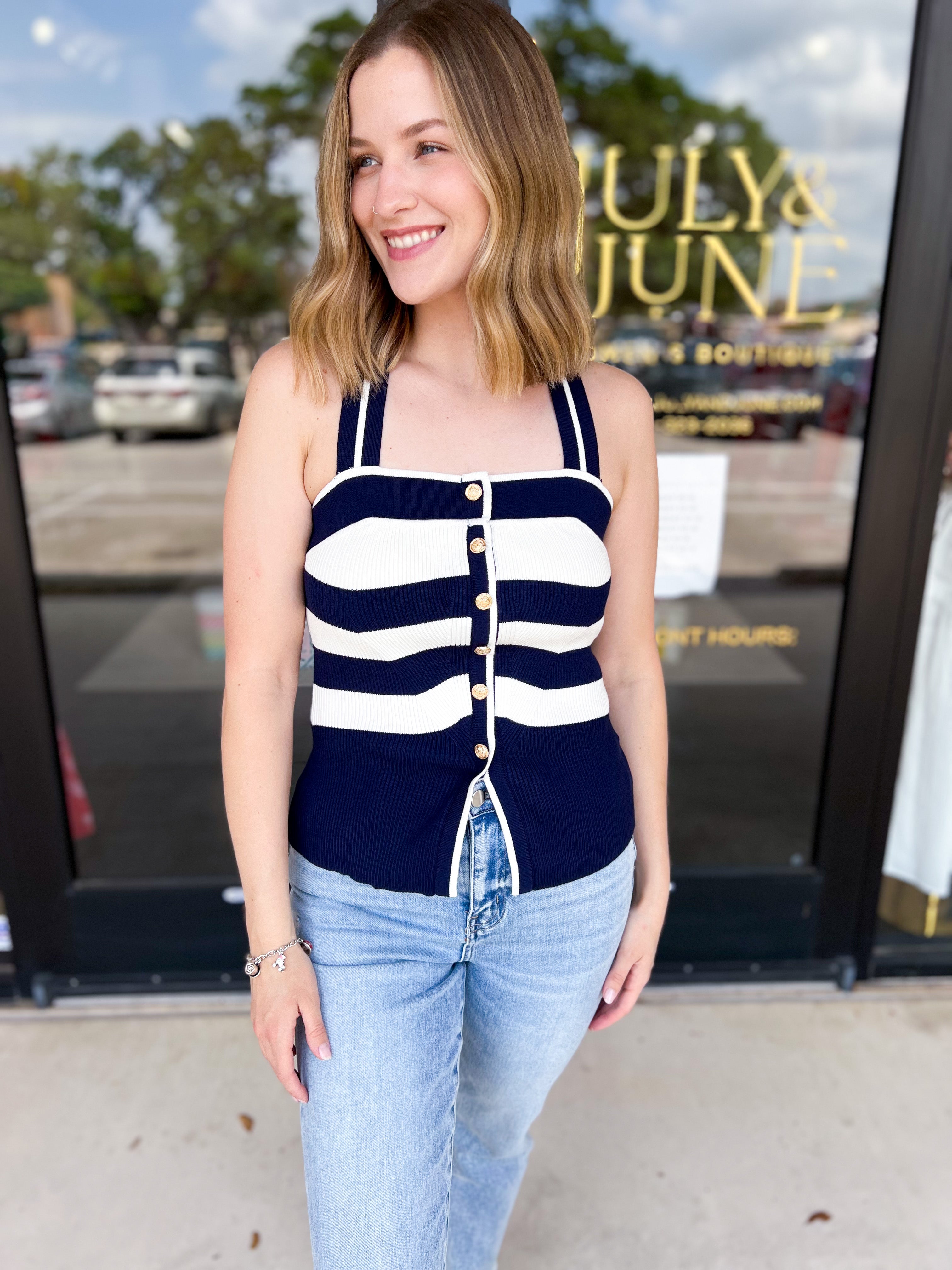 Navy & Ivory Knit Vest-200 Fashion Blouses-FLYING TOMATO-July & June Women's Fashion Boutique Located in San Antonio, Texas