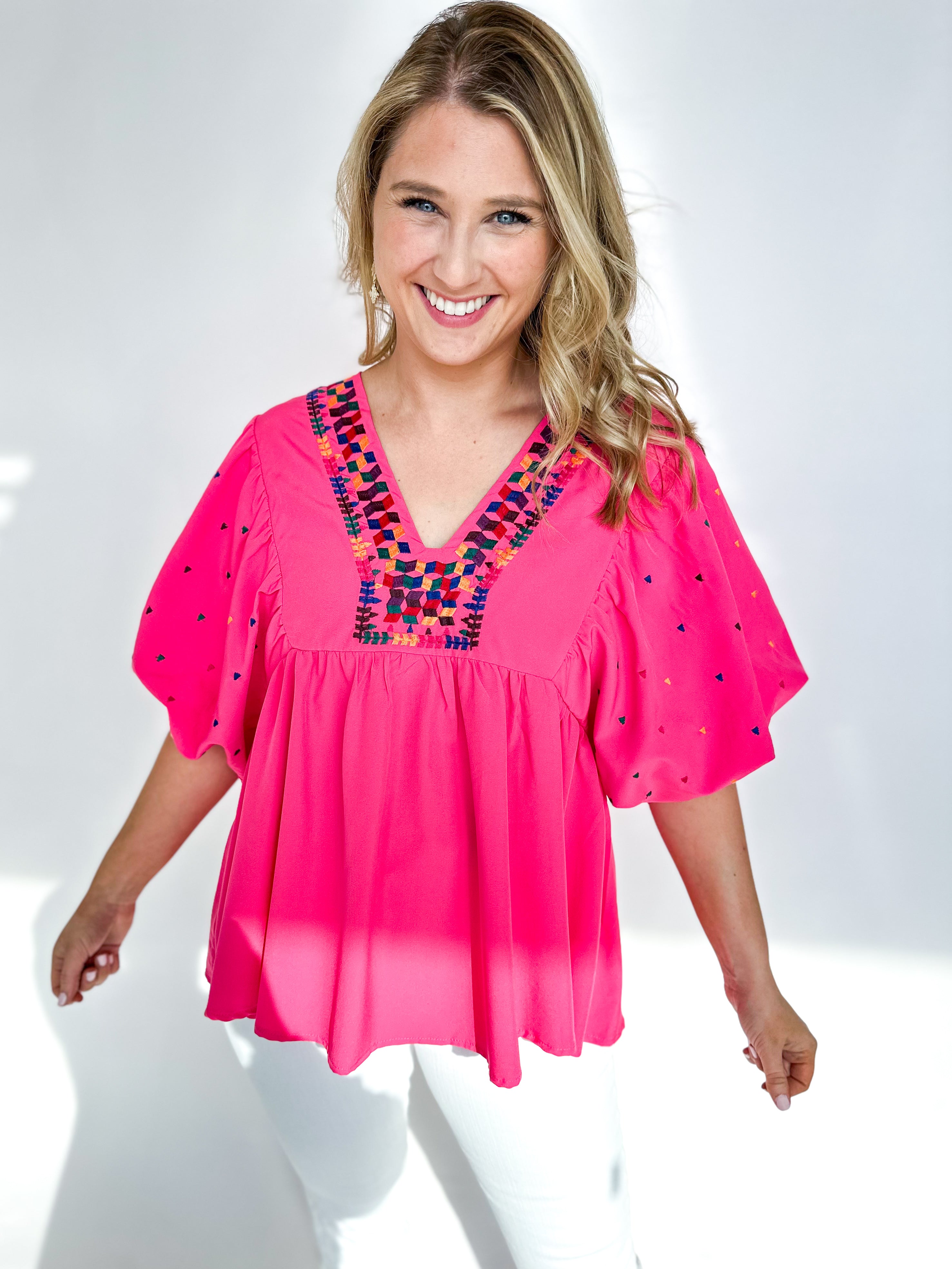 San Antonio Embroidered Blouse - Pink-200 Fashion Blouses-ENTRO-July & June Women's Fashion Boutique Located in San Antonio, Texas