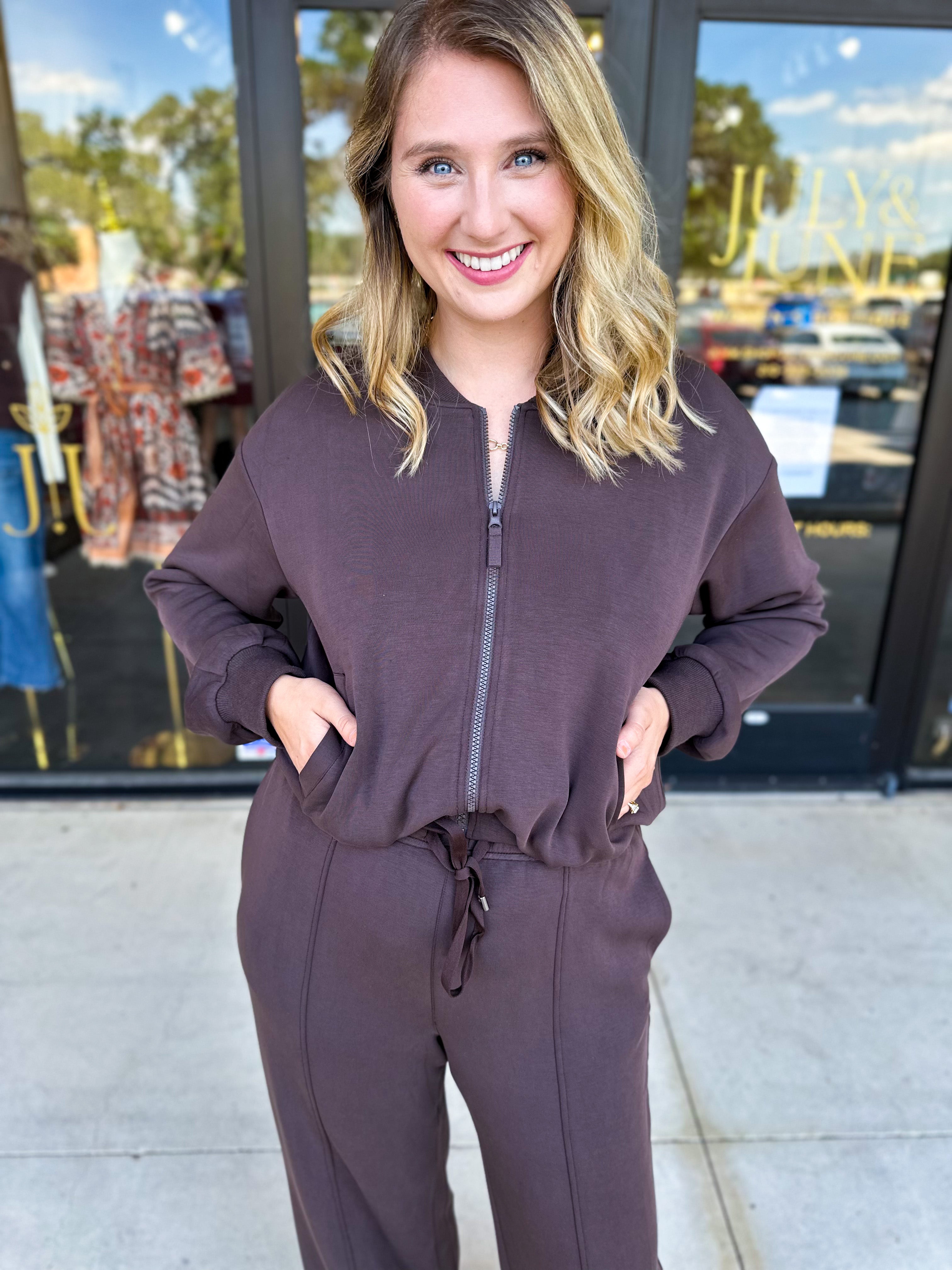 Soft Modal Bomber Jacket - Chocolate-300 Athleisure/Lounge-SKIES ARE BLUE-July & June Women's Fashion Boutique Located in San Antonio, Texas