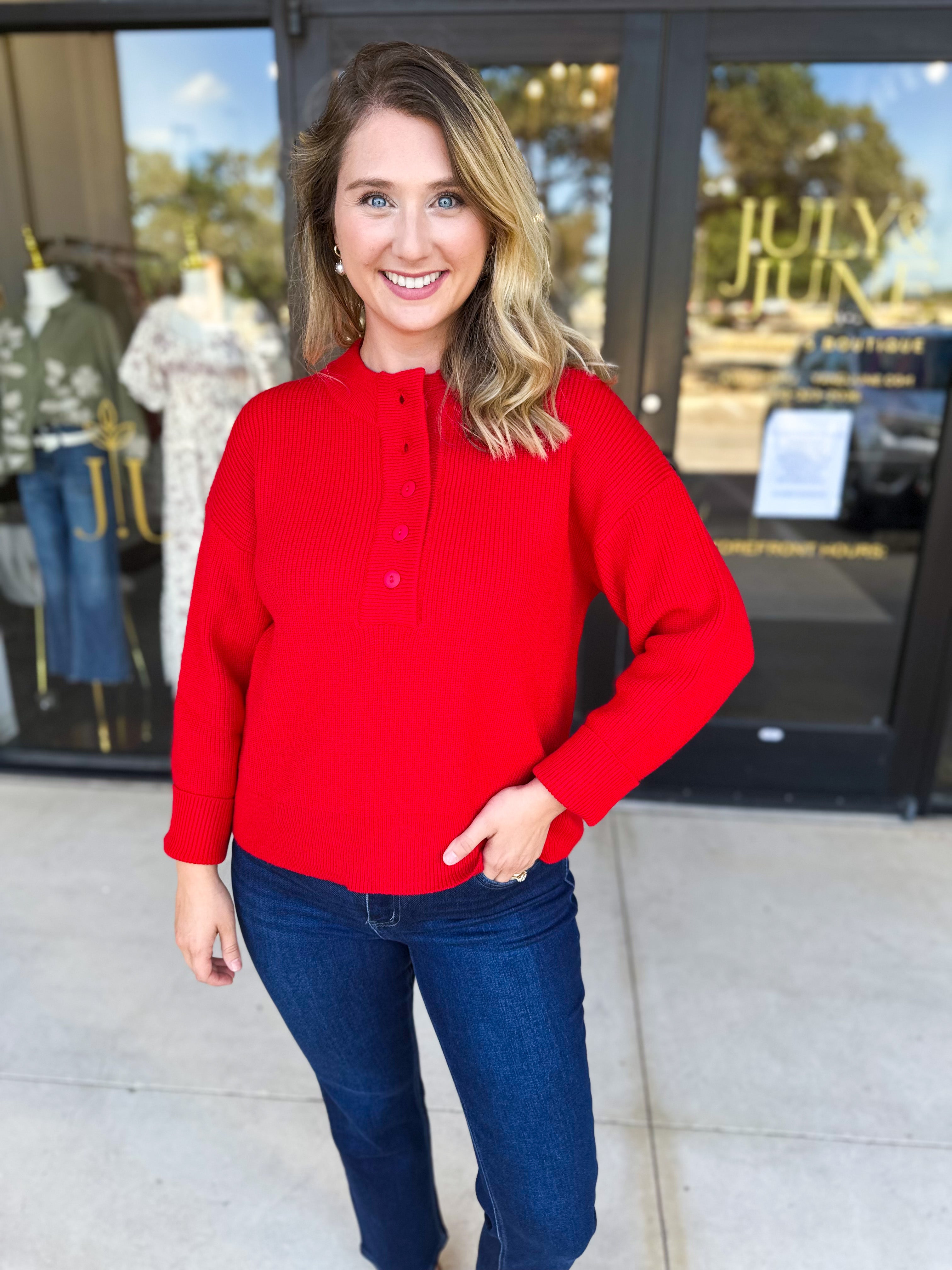 The Everyday Henley Sweater - Red-230 Sweaters/Cardis-JODIFL-July & June Women's Fashion Boutique Located in San Antonio, Texas
