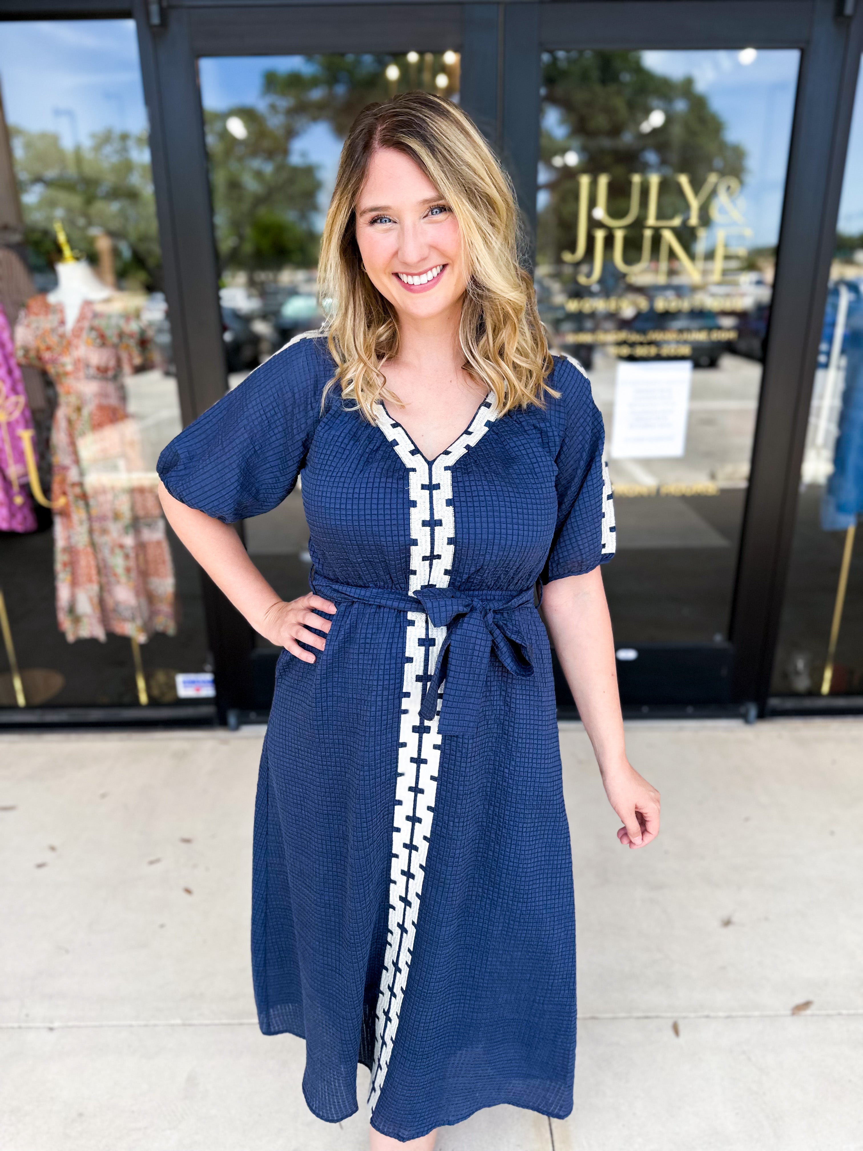 THML - Navy Midi Dress-500 Midi-THML-July & June Women's Fashion Boutique Located in San Antonio, Texas