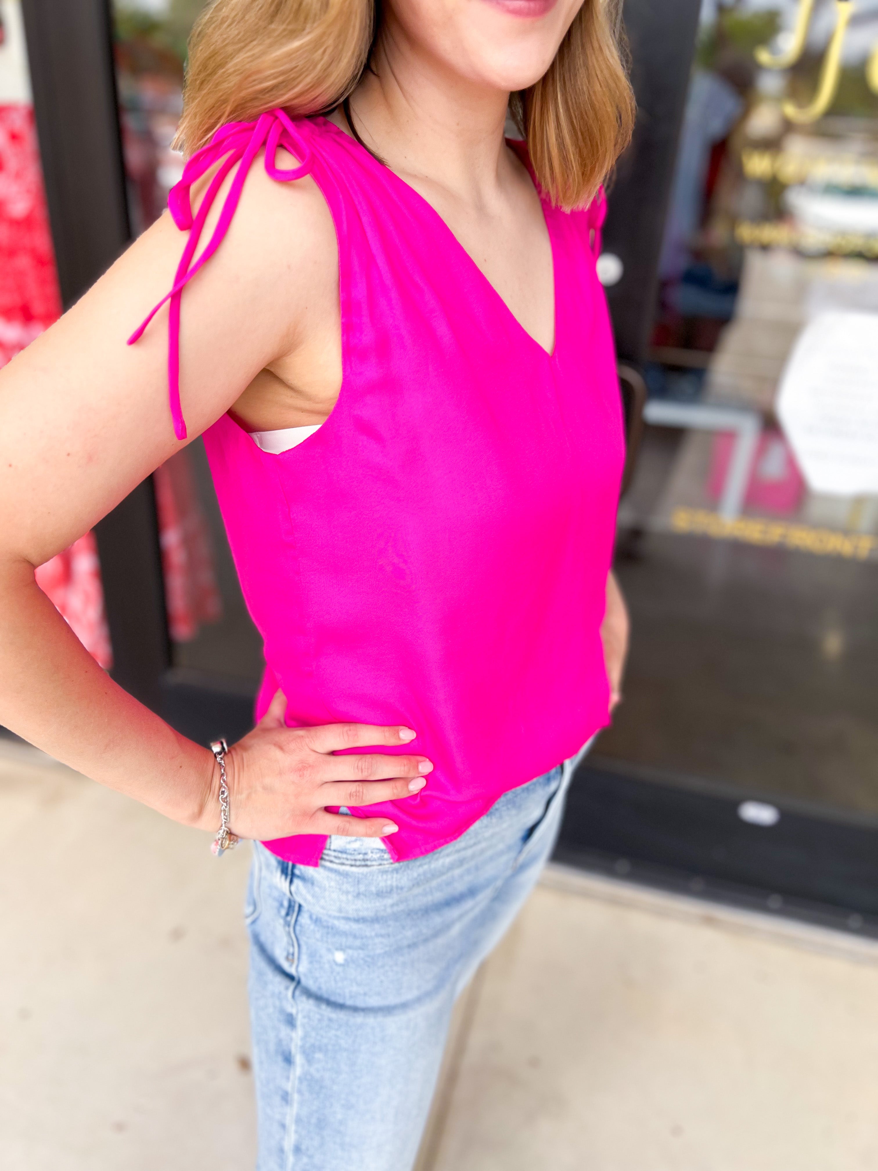 Elevated Shoulder Tie Tank- Hot Pink-200 Fashion Blouses-SKIES ARE BLUE-July & June Women's Fashion Boutique Located in San Antonio, Texas