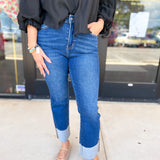 Vervet - High Rise Cuffed Slim Straight Dark Wash Jeans-400 Pants-VEVERT BY FLYING MONKEY-July & June Women's Fashion Boutique Located in San Antonio, Texas