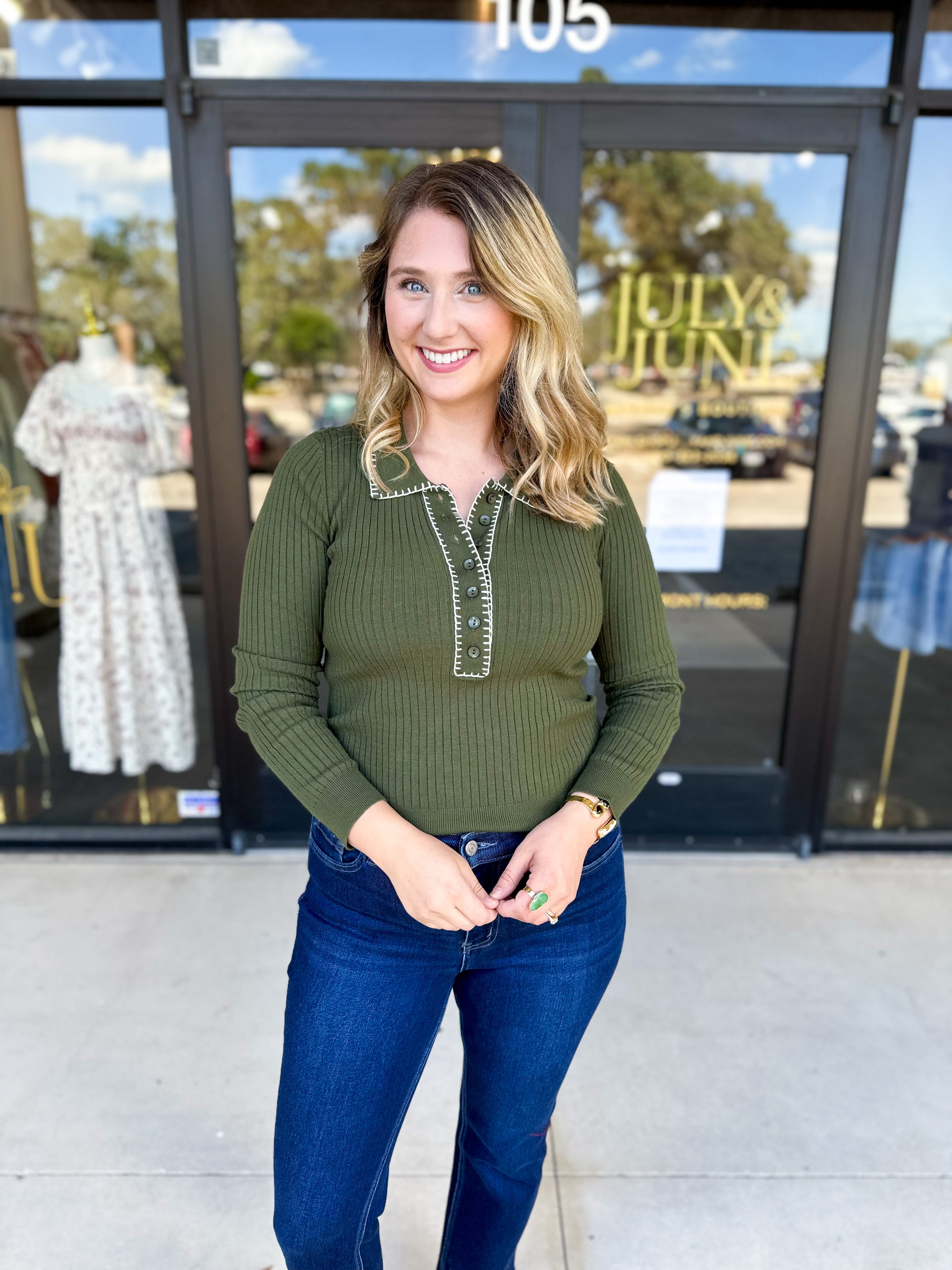 Tailored Knit Long Sleeve - Olive-230 Sweaters/Cardis-LISTICLE-July & June Women's Fashion Boutique Located in San Antonio, Texas