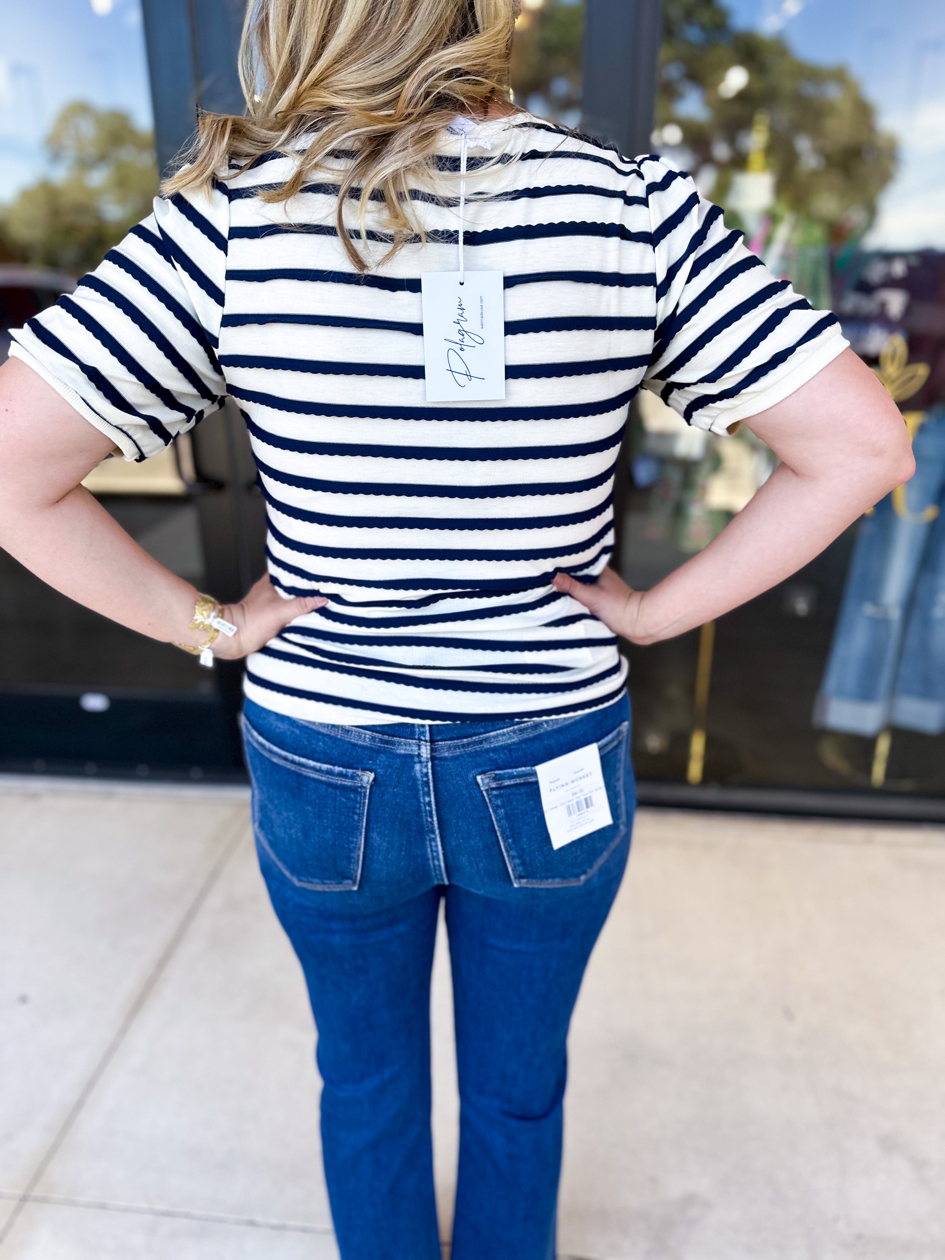 Striped Round Neck Tee - Navy-210 Casual Blouses-POLOGRAM-July & June Women's Fashion Boutique Located in San Antonio, Texas