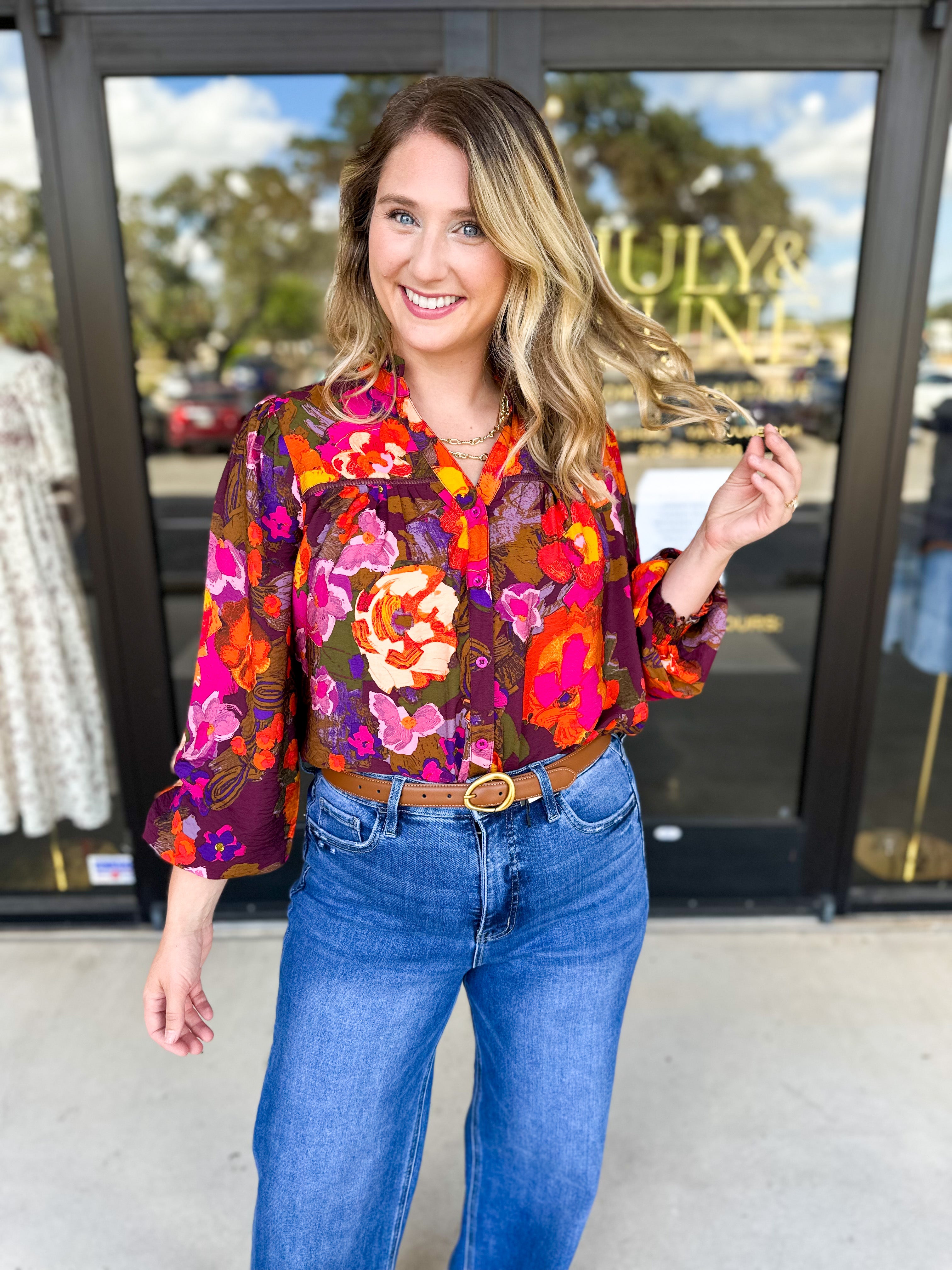 Vibrant Fall Florals Blouse-200 Fashion Blouses-FATE-July & June Women's Fashion Boutique Located in San Antonio, Texas