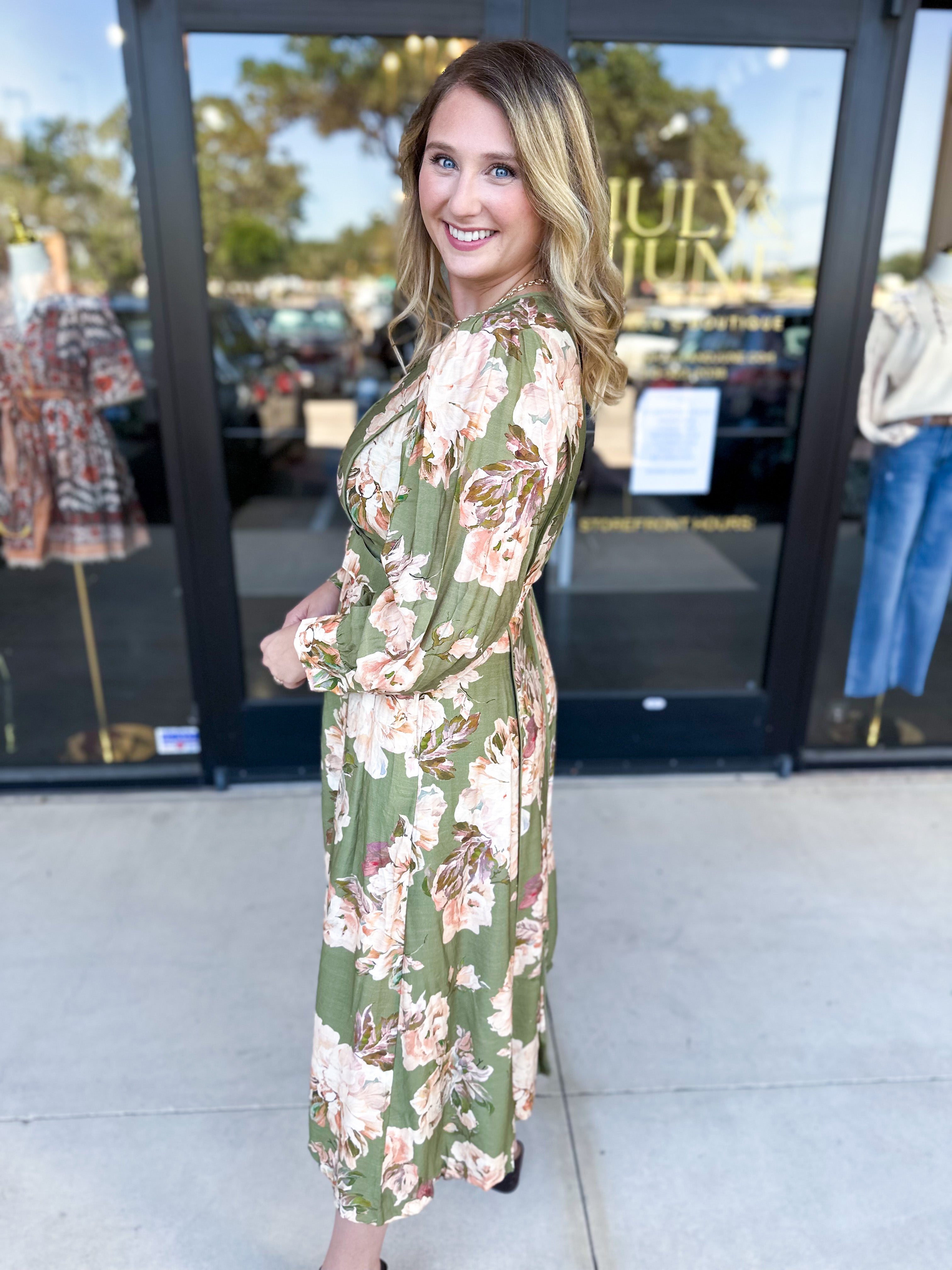 Fall Meadows Midi Dress - Olive-500 Midi-ENTRO-July & June Women's Fashion Boutique Located in San Antonio, Texas