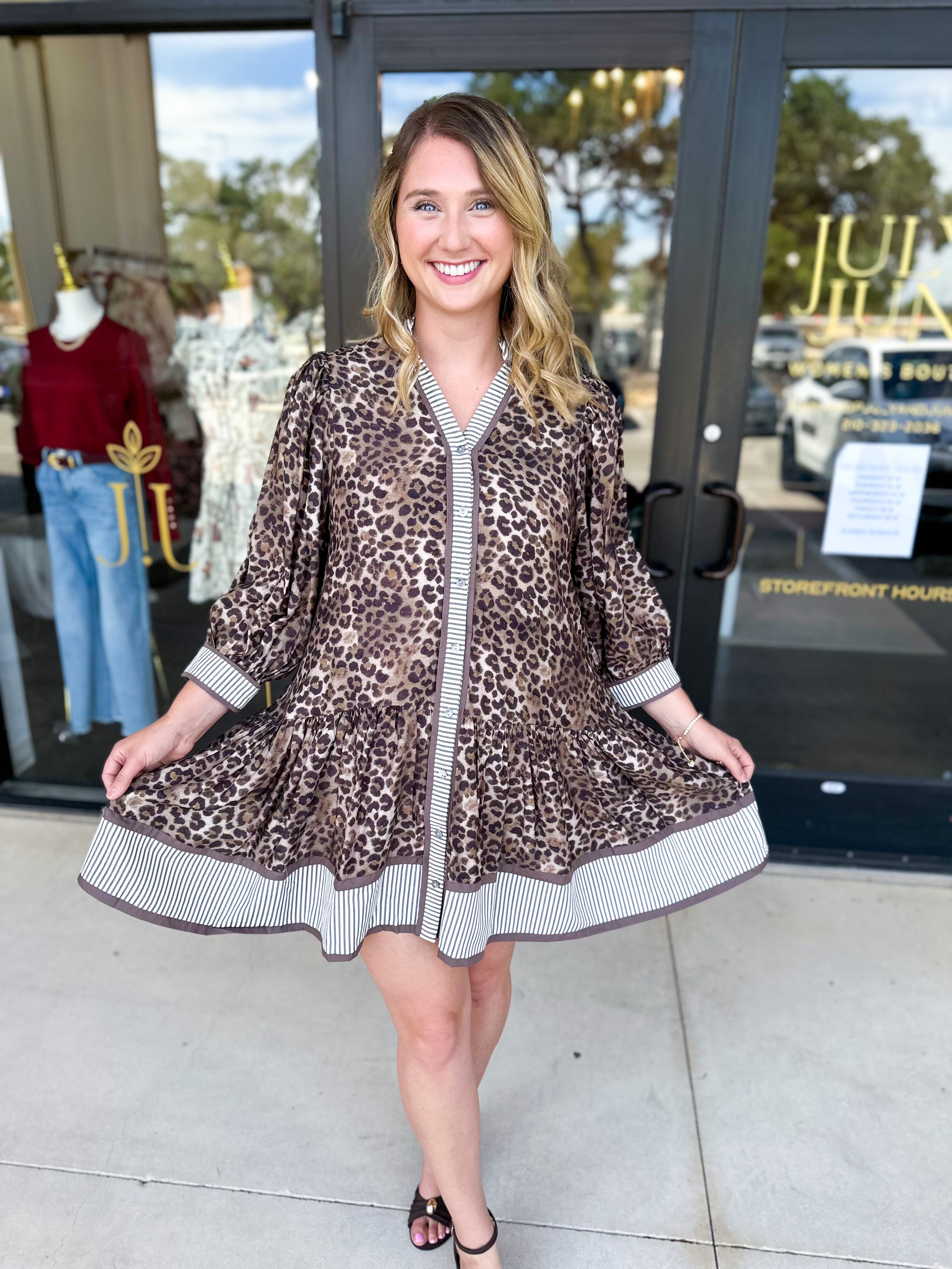 Leopard Button Down Mini Dress-510 Mini-ENTRO-July & June Women's Fashion Boutique Located in San Antonio, Texas