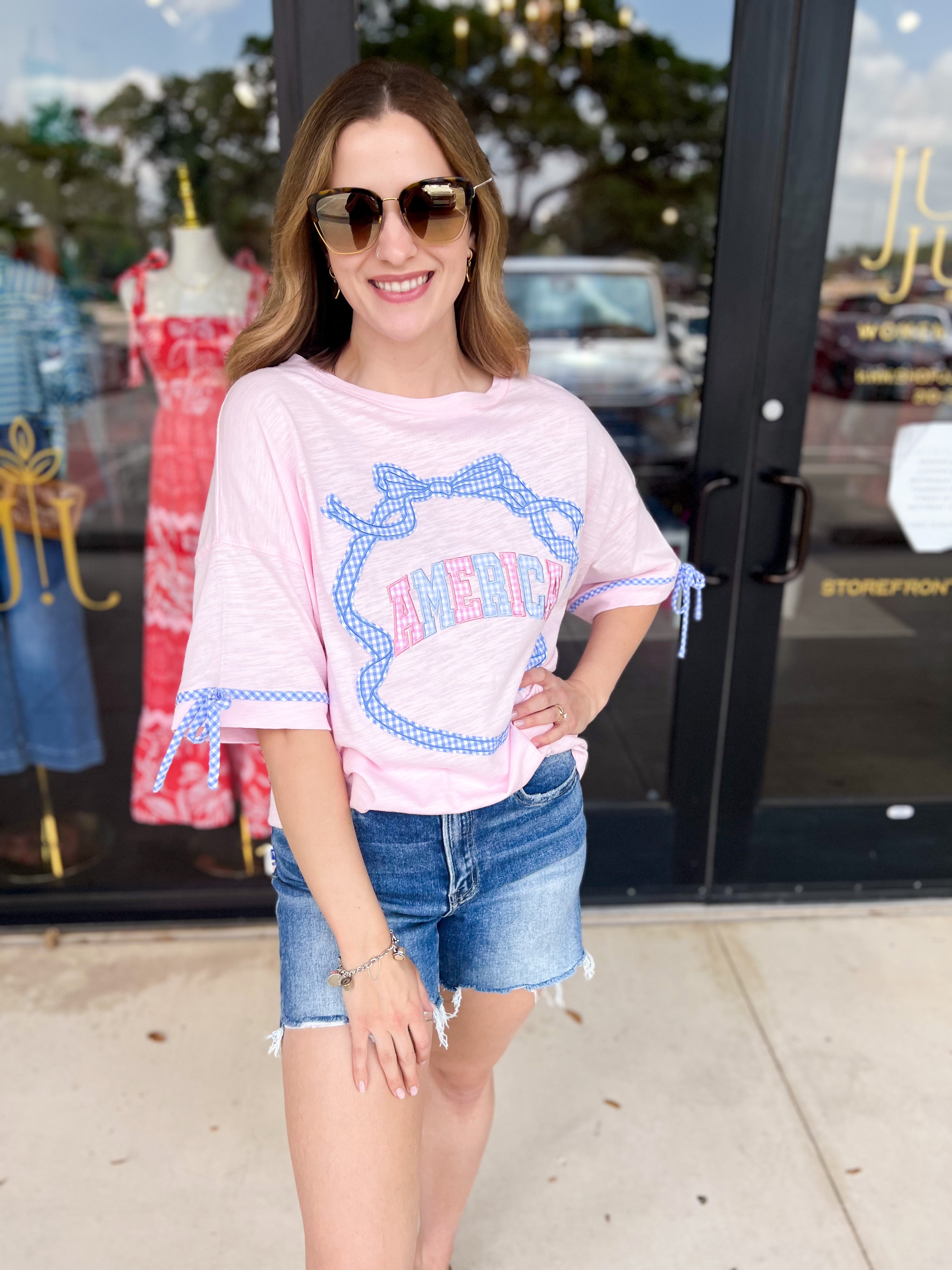 Pink Gingham USA Tee-210 Casual Blouses-PEACH LOVE-July & June Women's Fashion Boutique Located in San Antonio, Texas