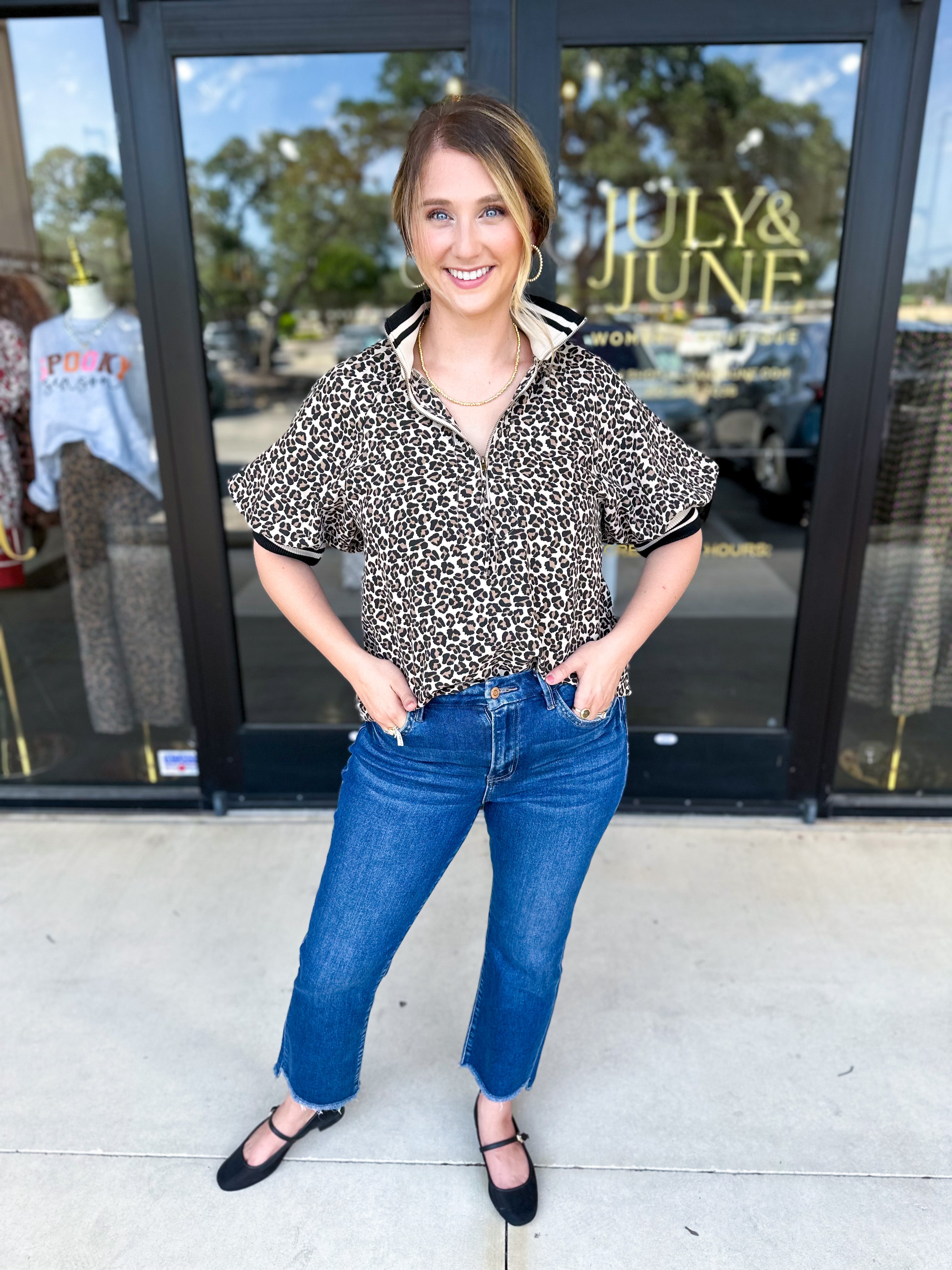 Zip Up Cheetah Top-200 Fashion Blouses-ENTRO-July & June Women's Fashion Boutique Located in San Antonio, Texas