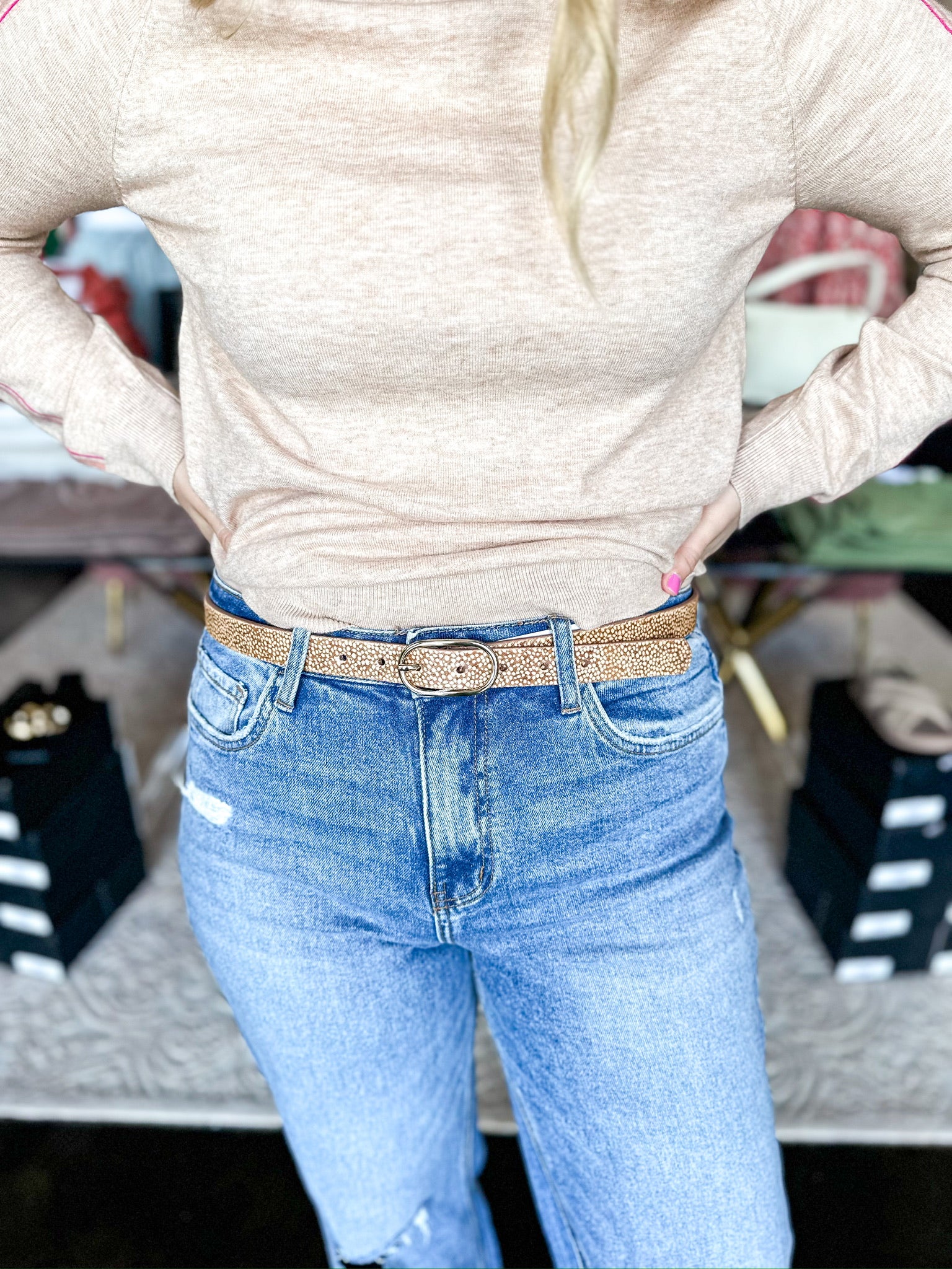 Thin Spotted Calf Belt - 4 Sizes-130 Accessories-Most Wanted USA-July & June Women's Fashion Boutique Located in San Antonio, Texas