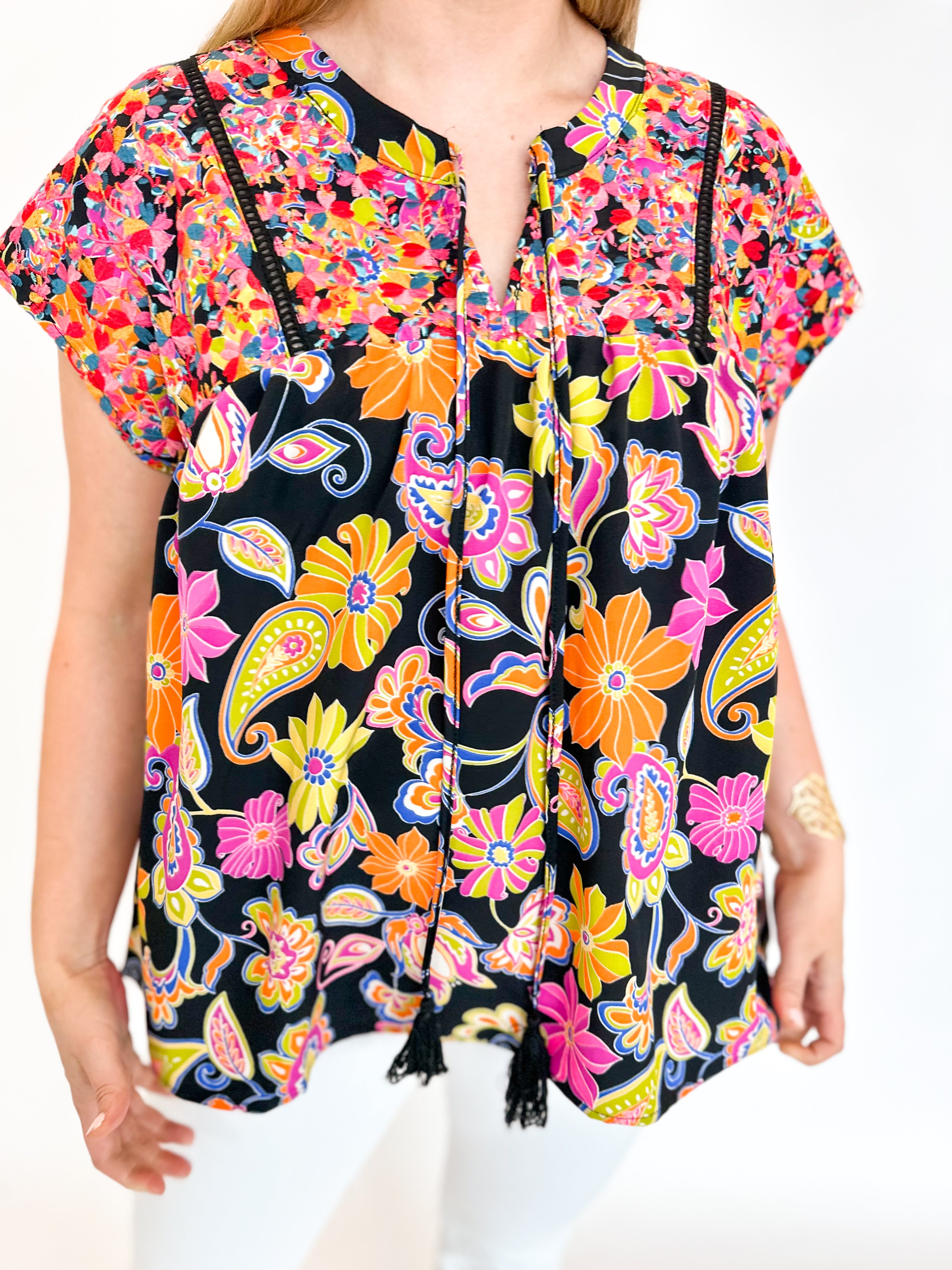 Black Floral Embroidered Blouse-200 Fashion Blouses-ANDREE BY UNIT-July & June Women's Fashion Boutique Located in San Antonio, Texas