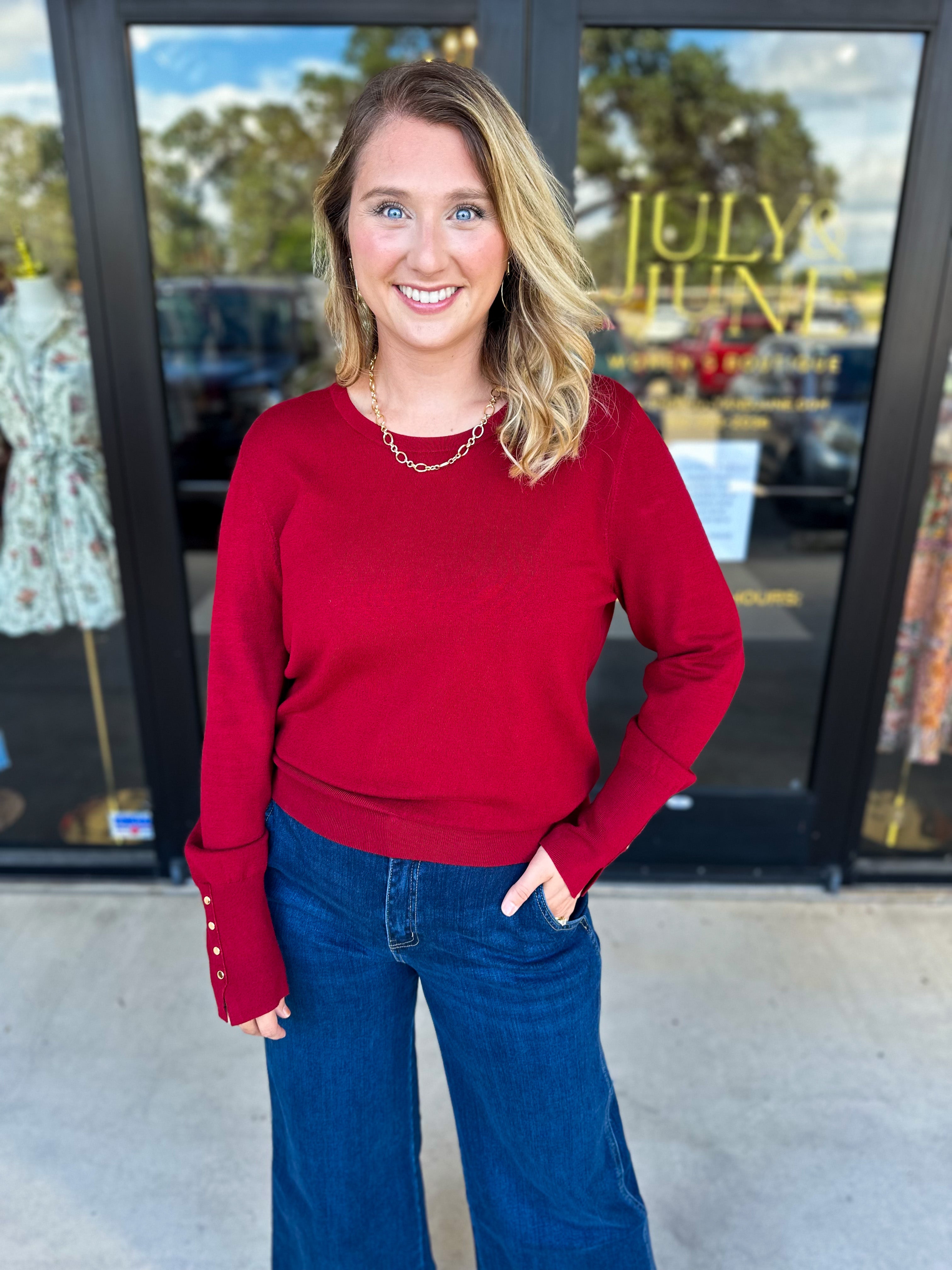 Long Sleeve Sweater Top - Crimson-230 Sweaters/Cardis-ENTRO-July & June Women's Fashion Boutique Located in San Antonio, Texas
