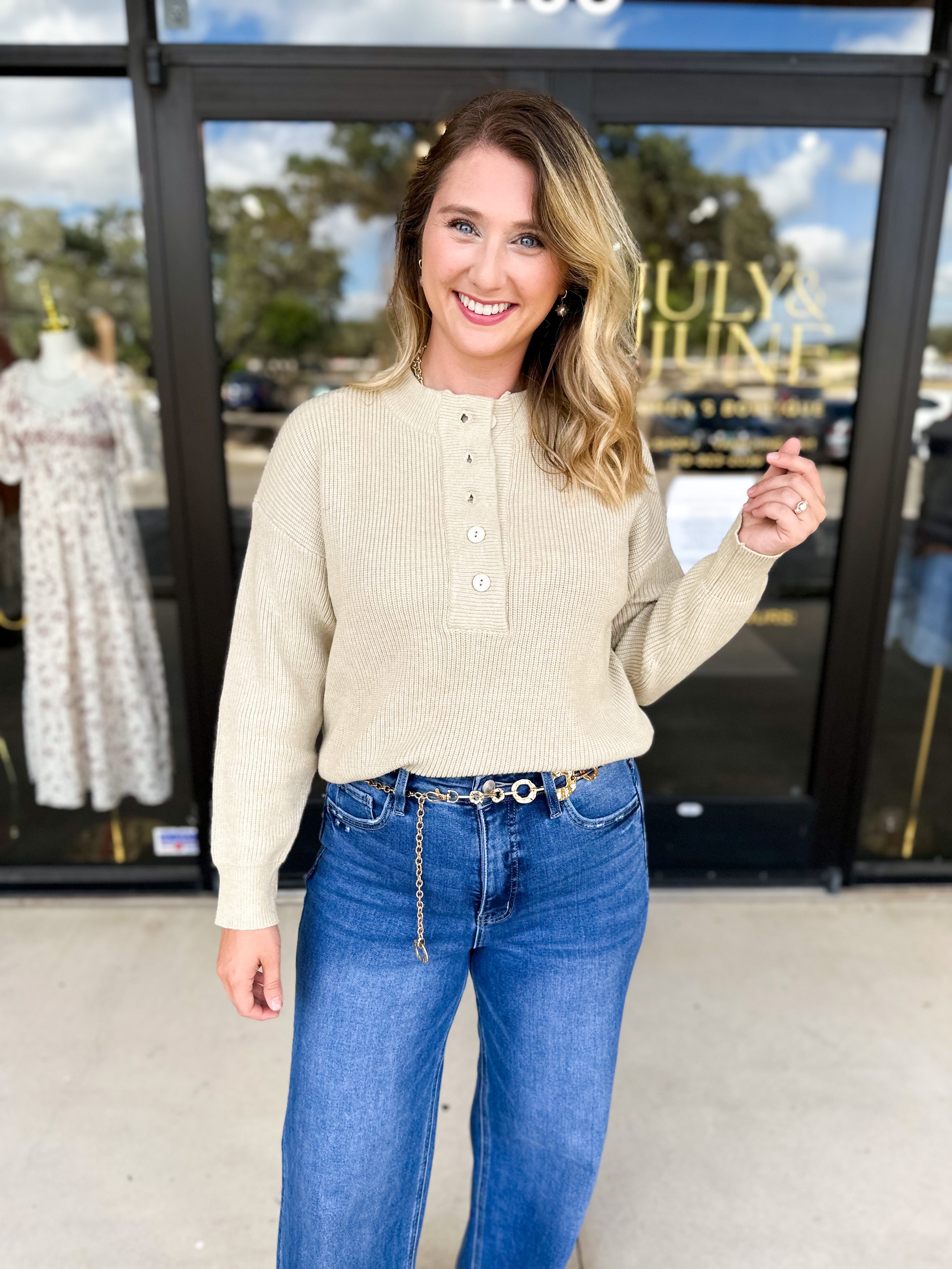 The Everyday Henley Sweater - Oatmeal-230 Sweaters/Cardis-JODIFL-July & June Women's Fashion Boutique Located in San Antonio, Texas