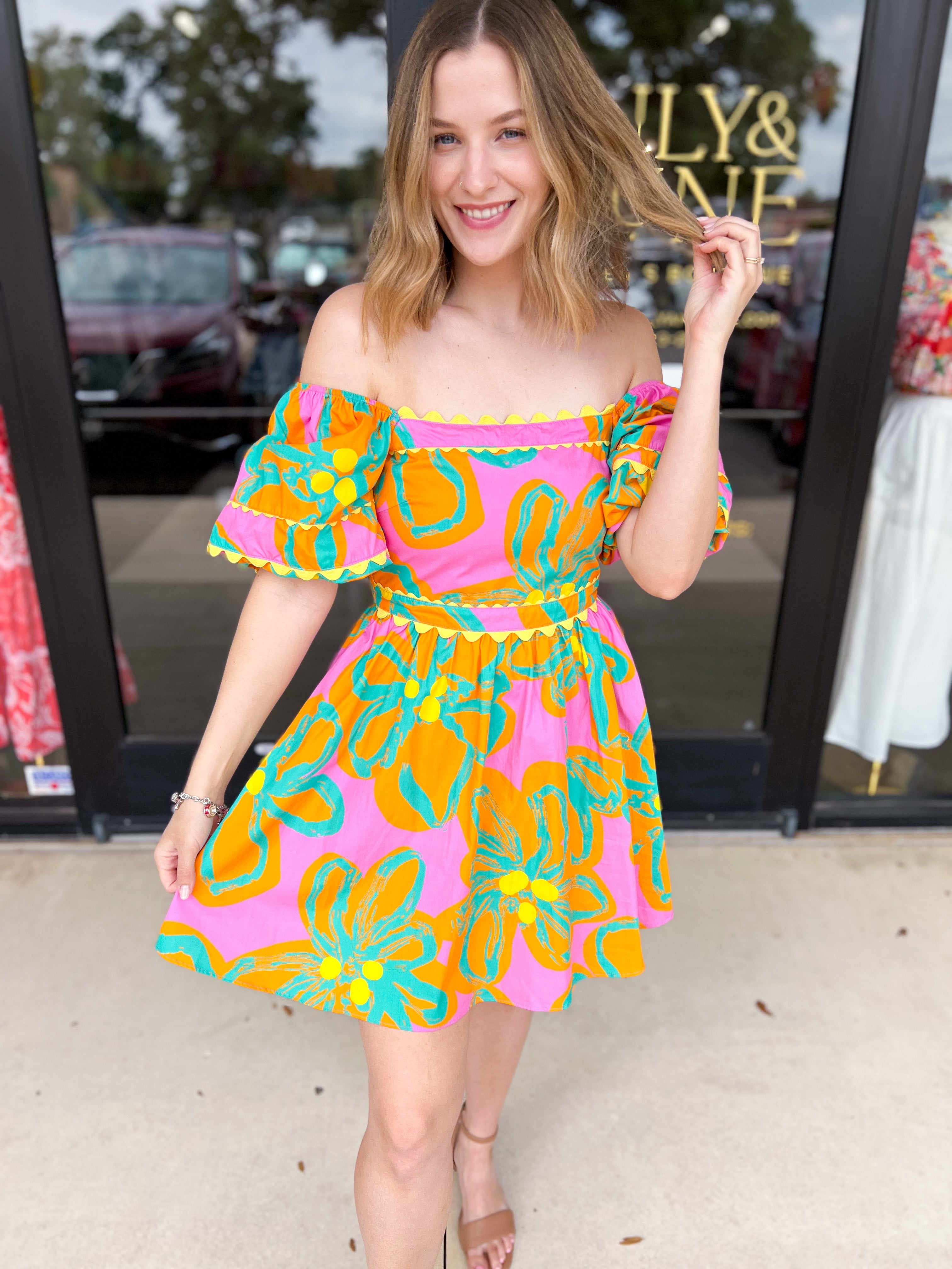 Bold Print Pink & Orange Mini Dress-510 Mini-PEACH LOVE-July & June Women's Fashion Boutique Located in San Antonio, Texas