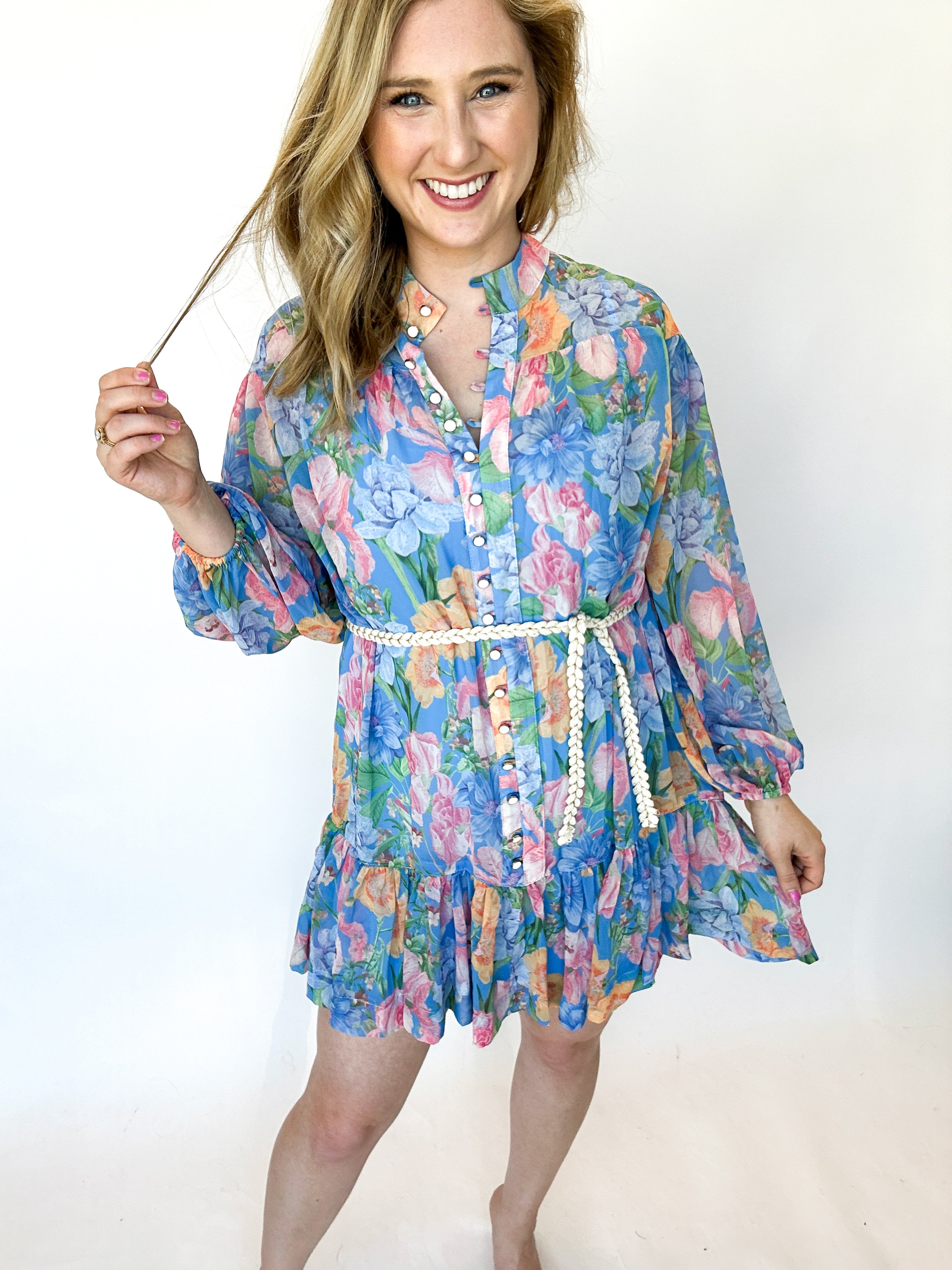 Blue Floral Belted Mini Dress-510 Mini-OLIVACEOUS-July & June Women's Fashion Boutique Located in San Antonio, Texas