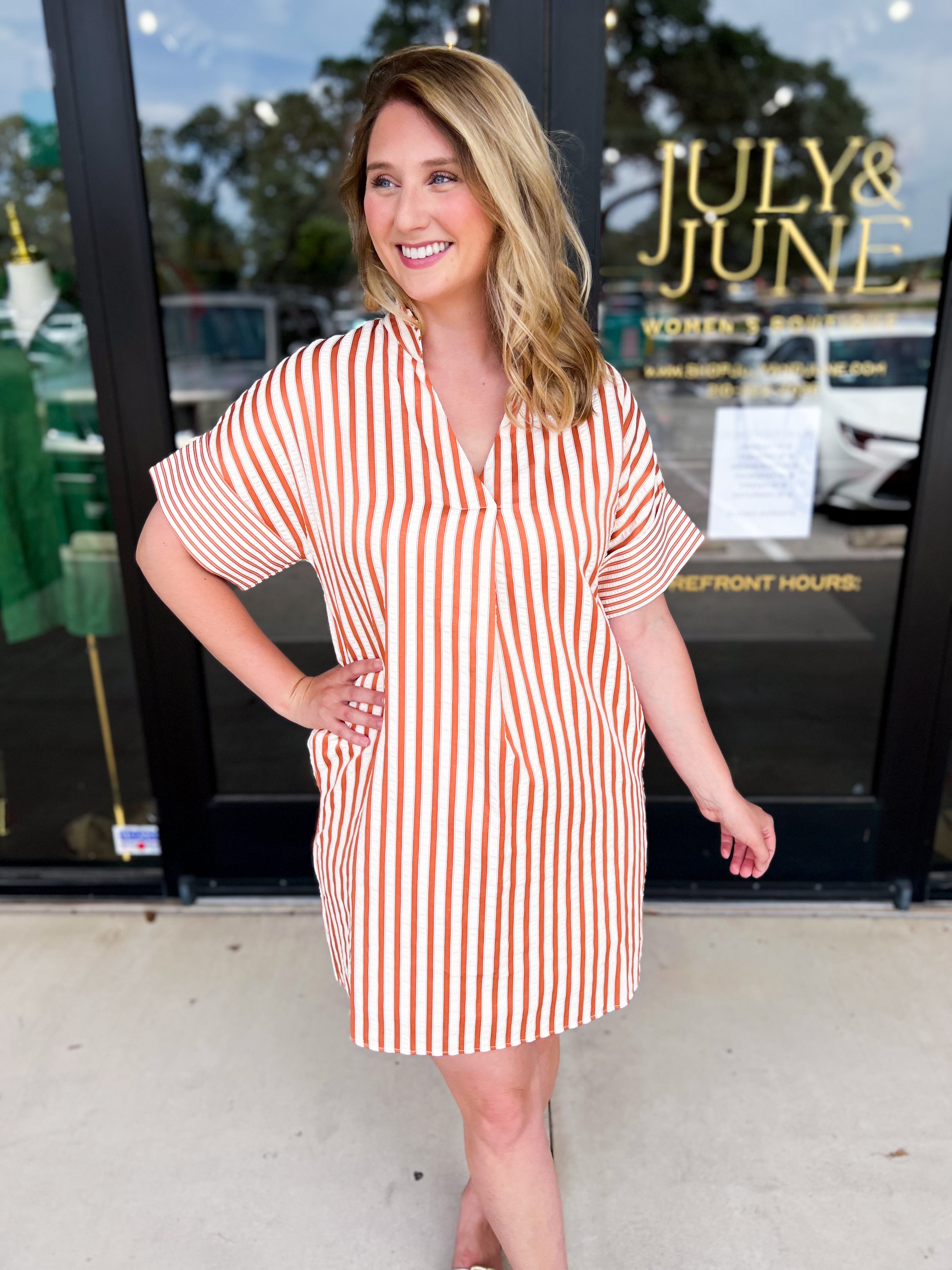 THML - Rust Stripe Mini Dress-510 Mini-THML-July & June Women's Fashion Boutique Located in San Antonio, Texas