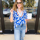 THML - Bold Blue & Orange Blouse-200 Fashion Blouses-THML-July & June Women's Fashion Boutique Located in San Antonio, Texas