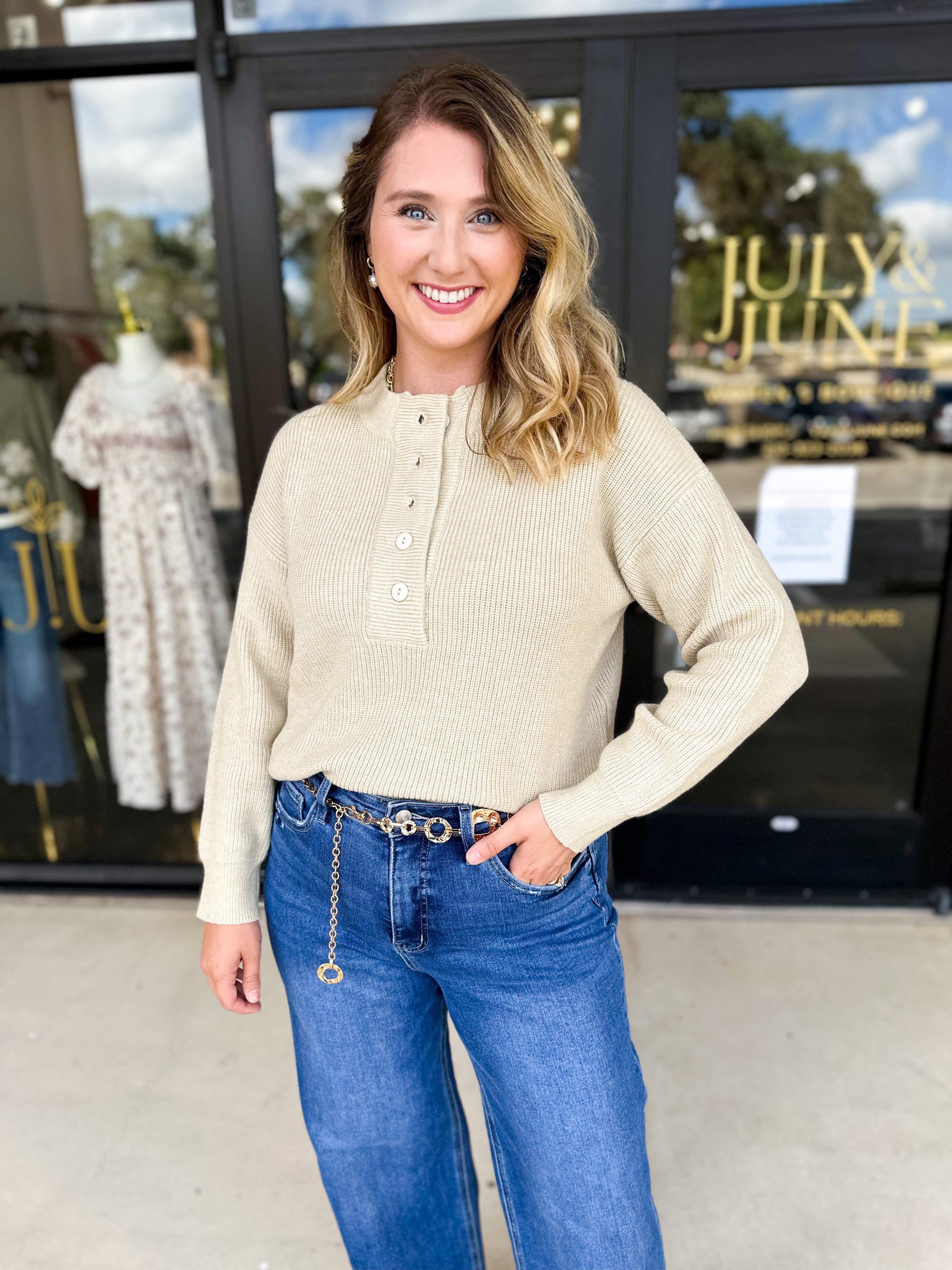 The Everyday Henley Sweater - Oatmeal-230 Sweaters/Cardis-JODIFL-July & June Women's Fashion Boutique Located in San Antonio, Texas