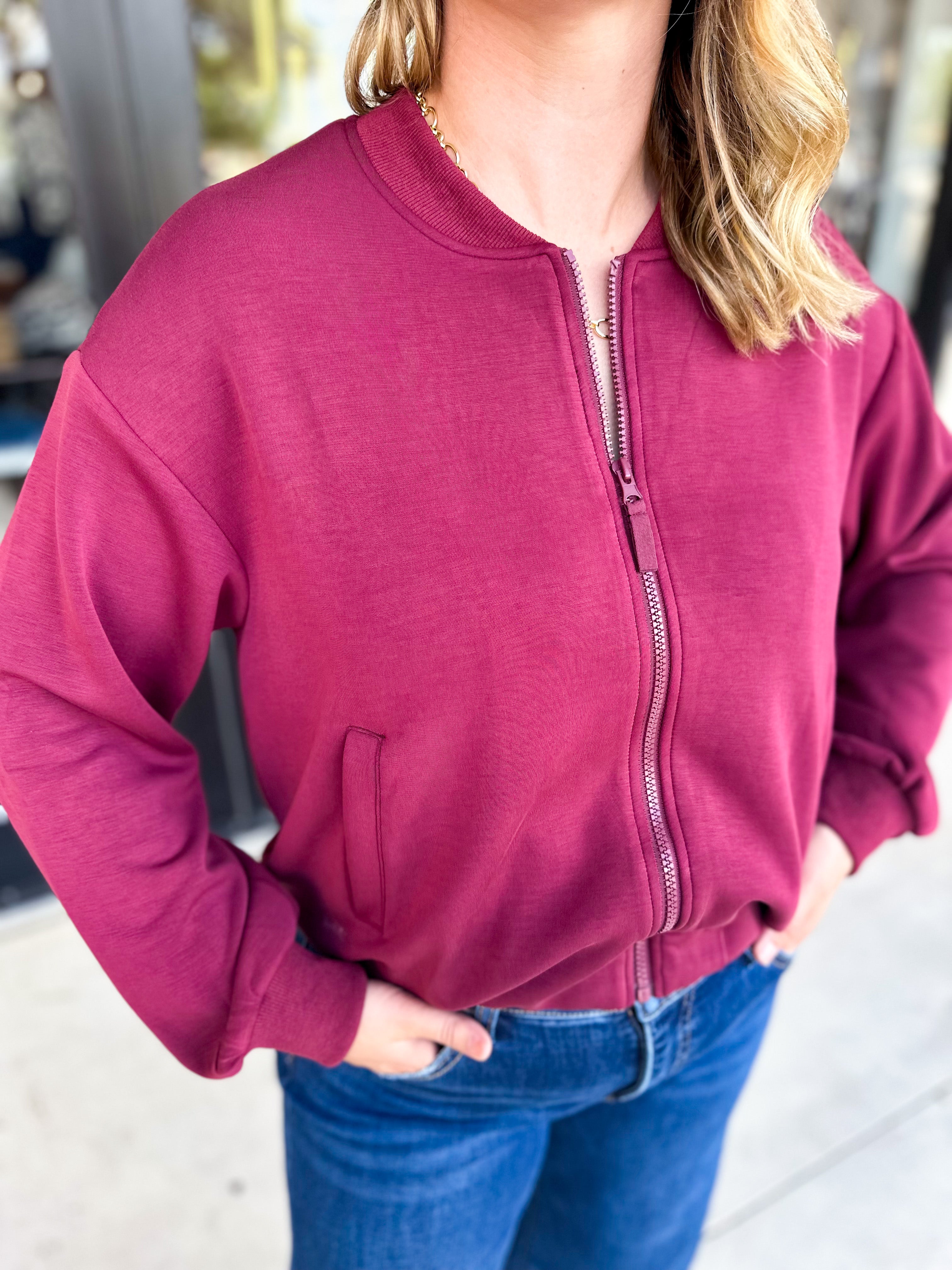 Soft Modal Bomber Jacket - Wine-300 Athleisure/Lounge-SKIES ARE BLUE-July & June Women's Fashion Boutique Located in San Antonio, Texas